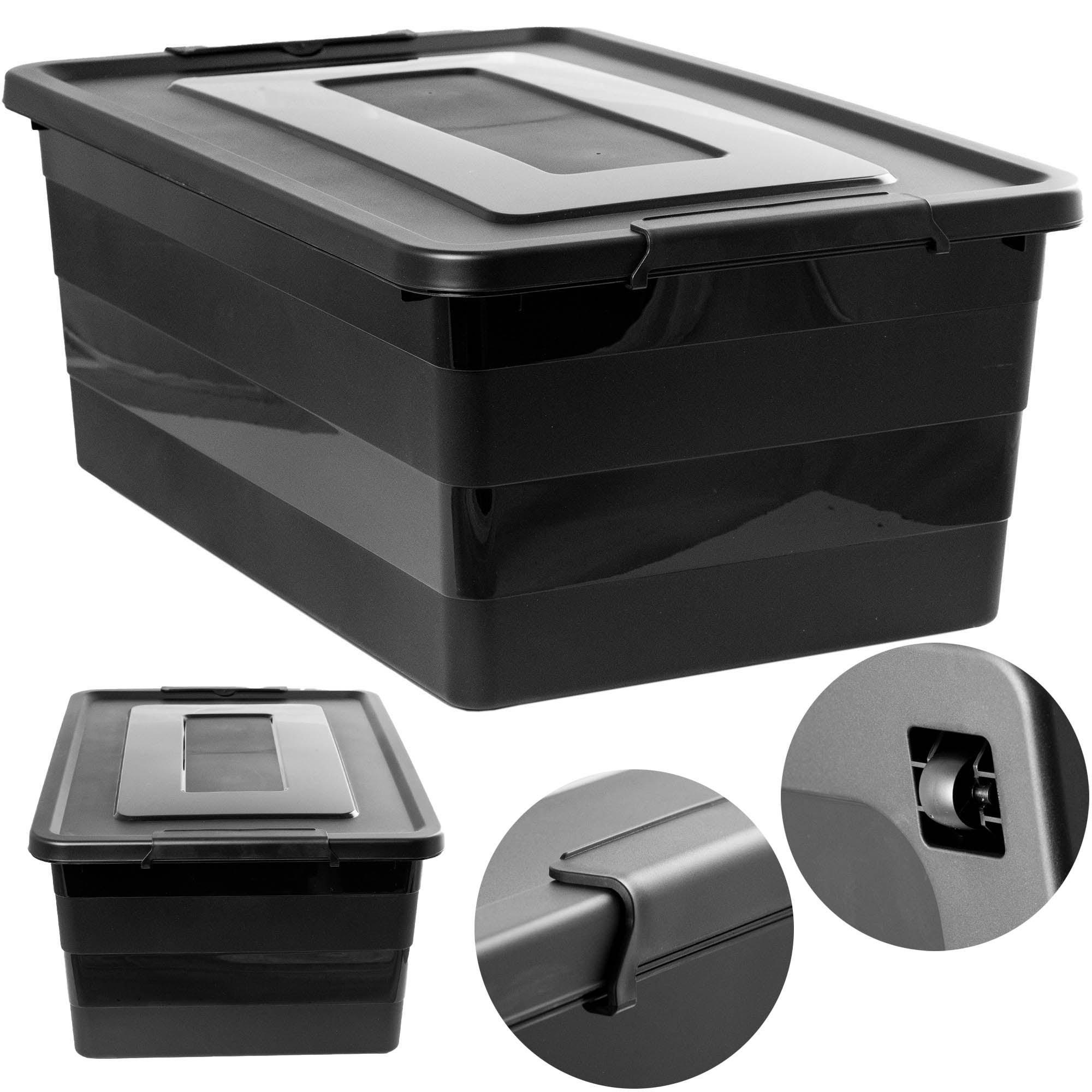 Pojemnik Plastikowy Pudełko Plastikowe Z Pokrywką Na Kółkach Pudło Box Do Przechowywania Do Garażu Piwnicy Czarny 40L