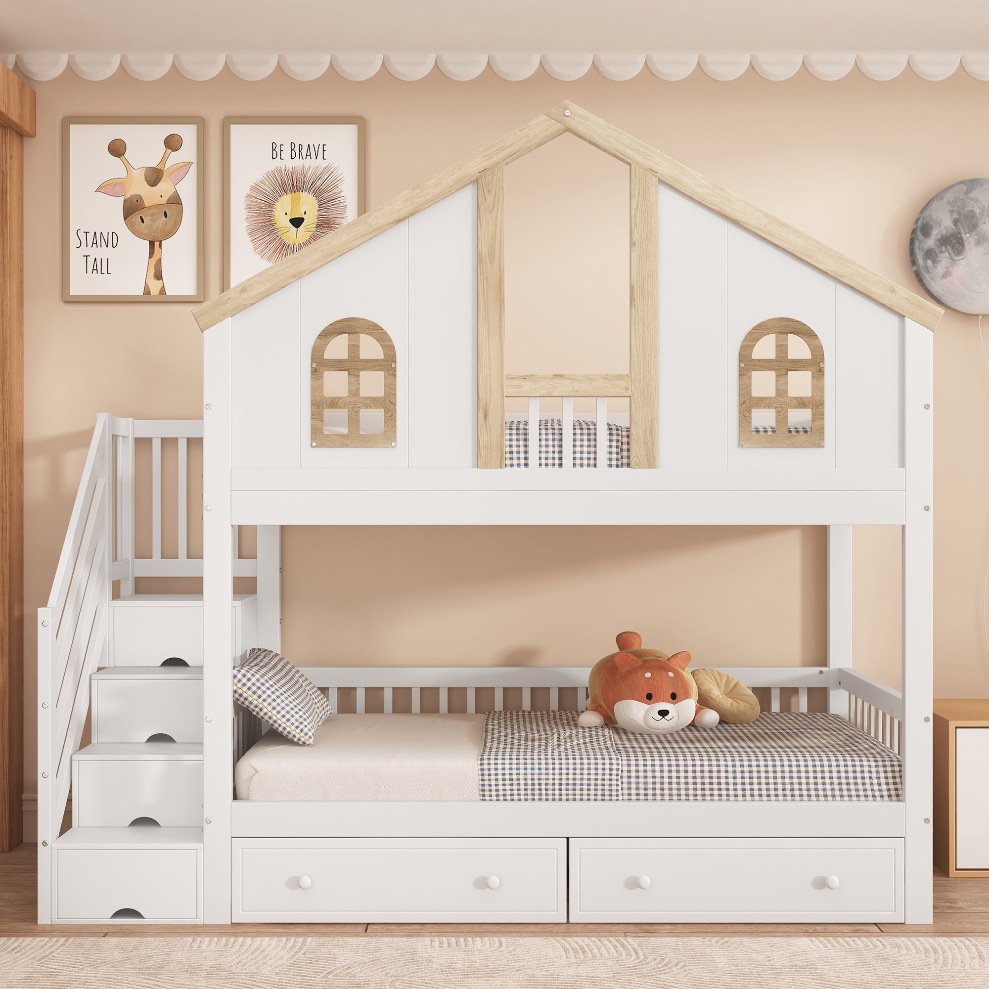 Lit superposé avec escalier de rangement et 2 tiroirs sous le lit - 90x200 cm - avec sommier à lattes - Blanc & Naturel - 2