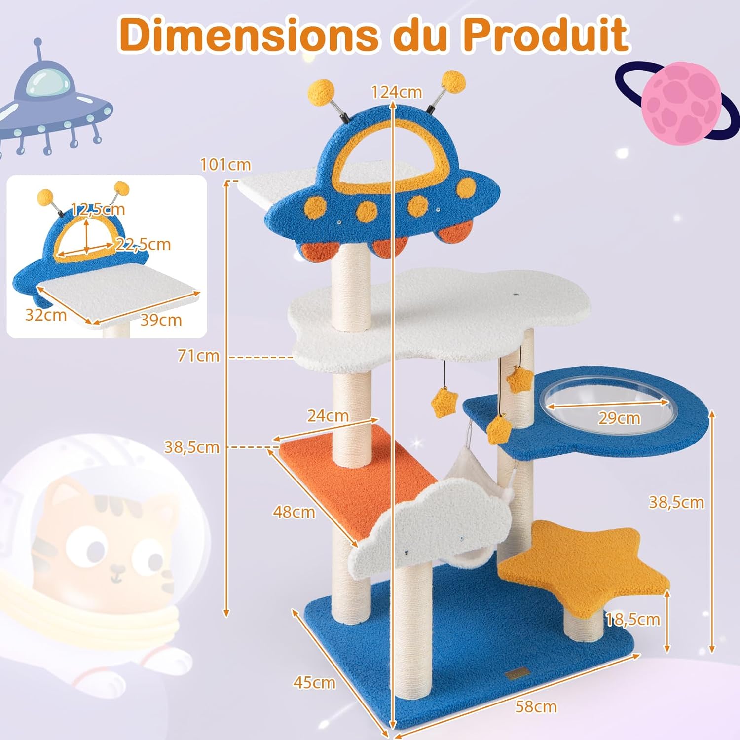Tiragraffi per Gatti a Tema Spaziale, Albero per Gatti con Piattaforma a UFO e Pali in Sisal, Torre per Animali Domestici Interno (58 x 45 x 1 - 3