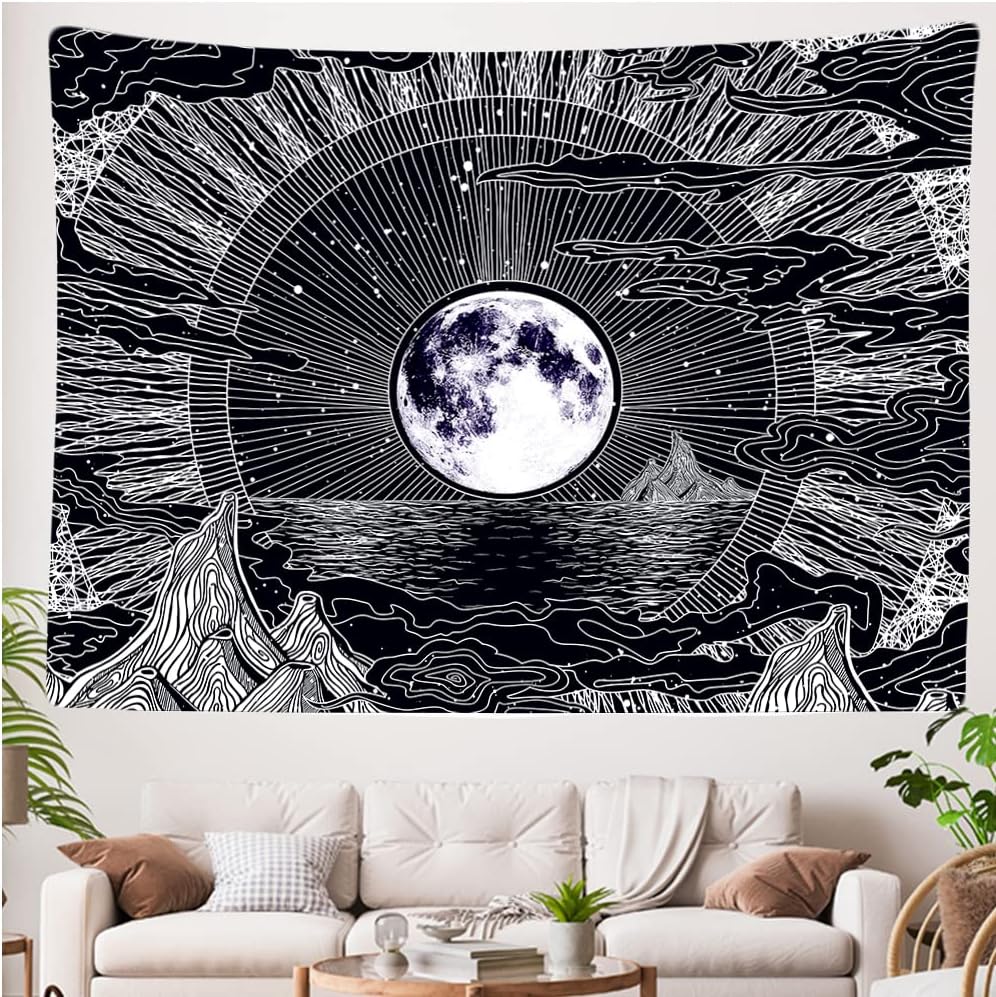 200 x 150 cm Tapisserie Murale Décorative Chambre - Lune Etoiles Nature Nuages Bohème Psychédélique Montagnes - Décoration Panoramique - 4