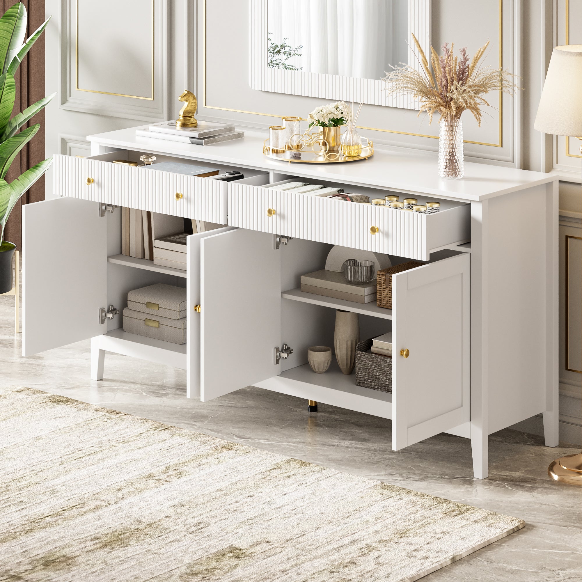 Komoda niska z 4 drzwiami i 2 szufladami - 160 x 40 x 82 cm - MDF - Uchwyty cynkowe w kolorze złotym - Biała