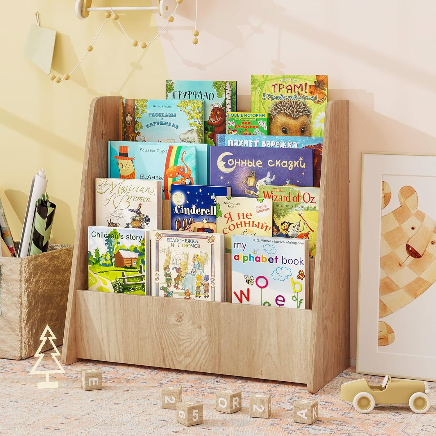 Libreria per Bambini a 4 Ripiani, Scaffale in Legno con Ampio Spazio di Esposizione, Porta Riviste per Camera dei Bambini Sala Giochi e Aula, - 2