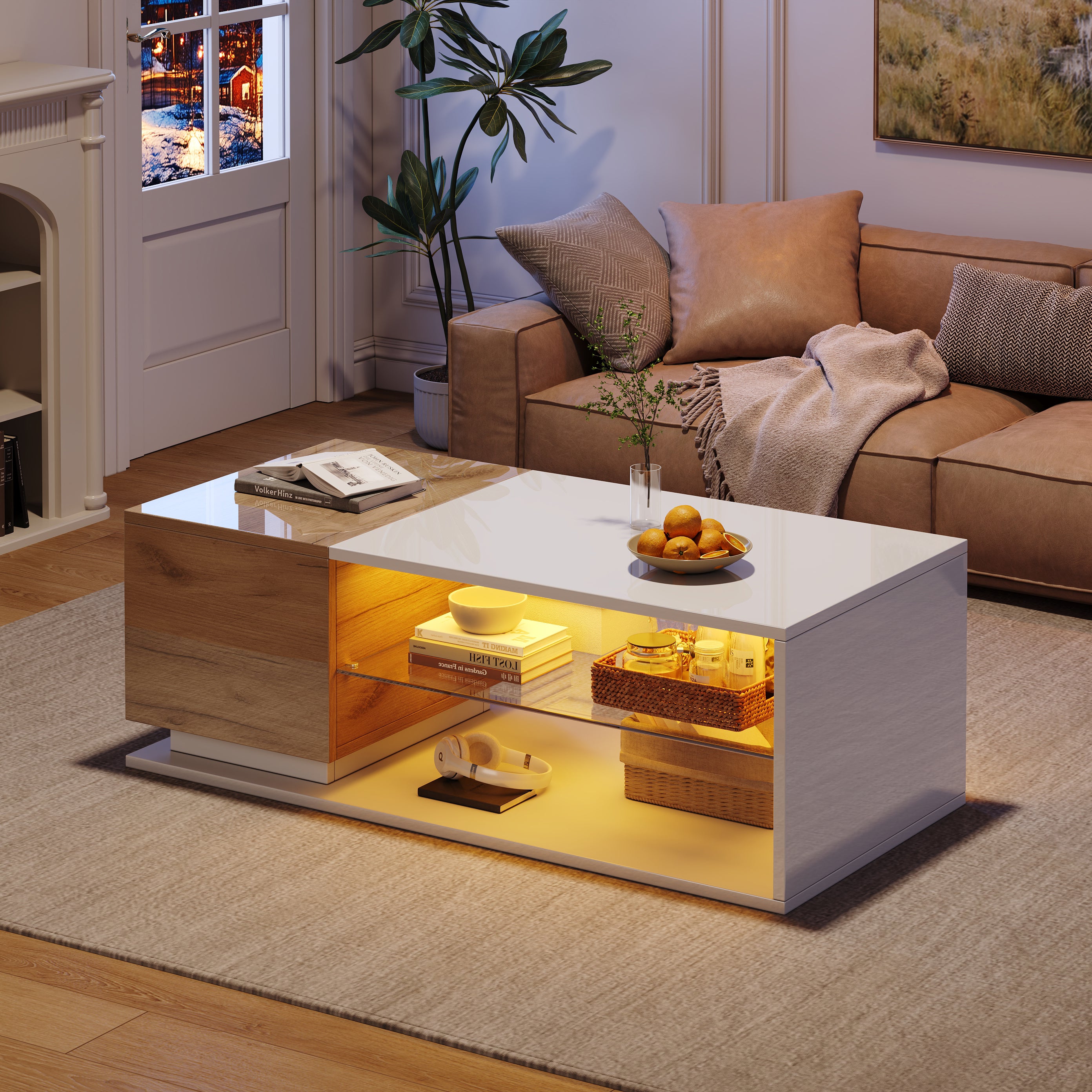 Stolik kawowy z 1 drzwiami i 2 półkami - 105 x 50 x 36 cm - diody LED - Płyta wiórowa - Biały