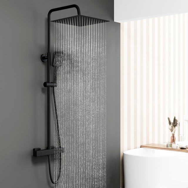 OCEAN Colonne de douche thermostatique avec pommeau de douche de tête de 30x30cm, douchette à main à 3 fonctions et robinet mitigeur-noir