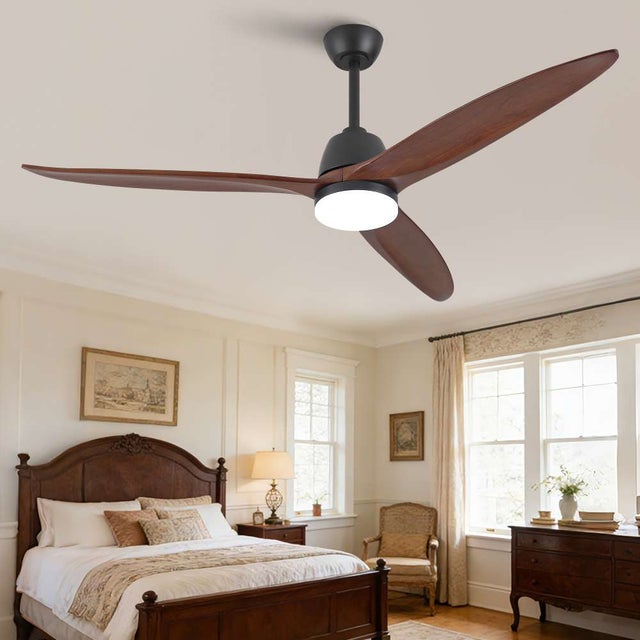 Ventilador de techo moderno de 152 cm en madera natural, motor DC silencioso, ruido inferior a 35 dB, instalación en el techo, para salón