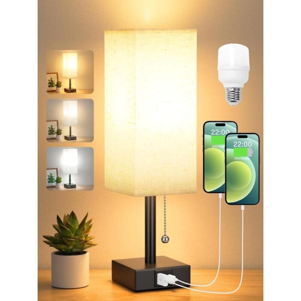 Lampka nocna z trzema trybami temperatury barwowej (3000/4000/5000K), portem ładowania USB-A+C, żarówką LED, odpowiednia do sypialni.
