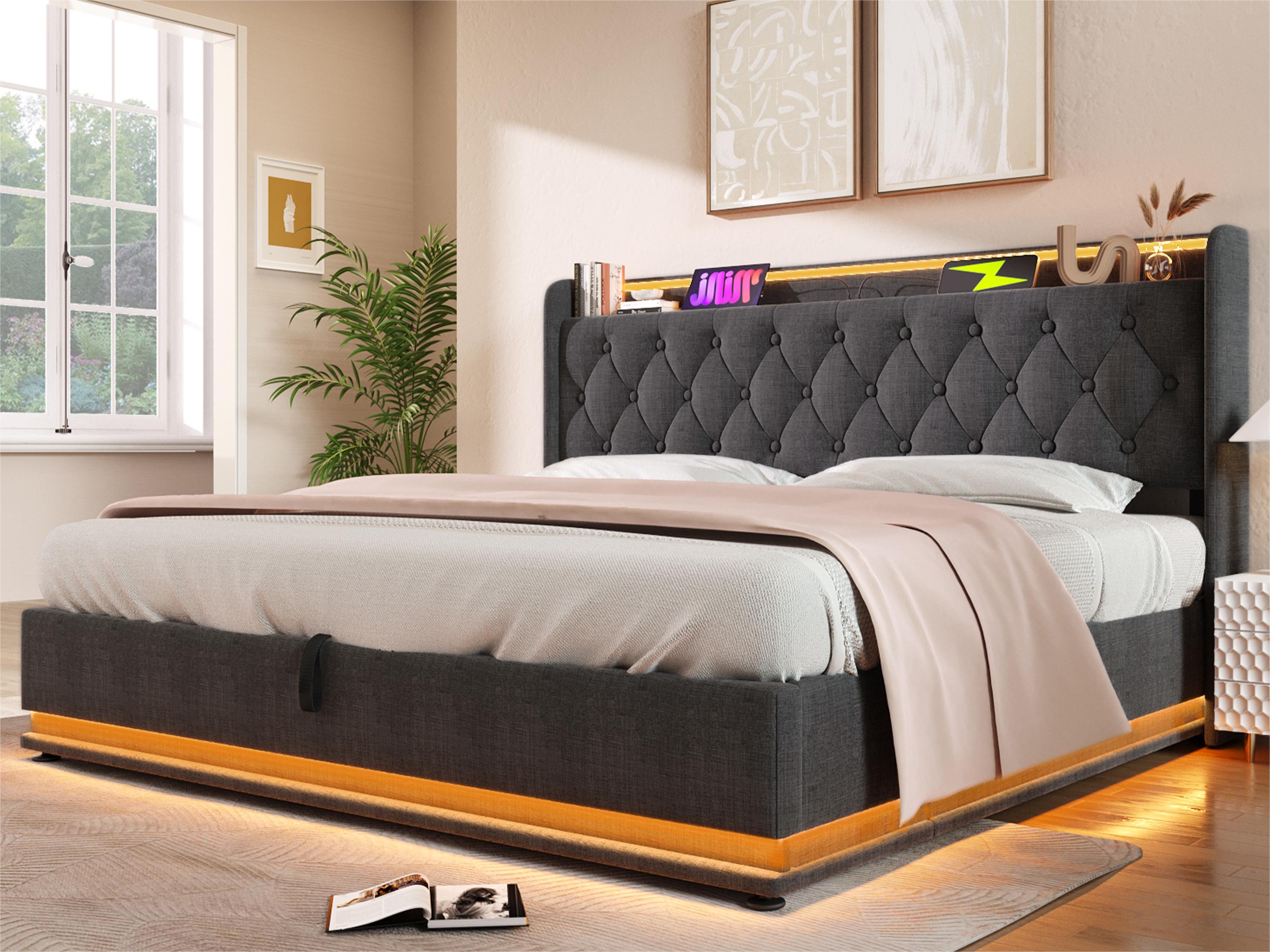 Letto contenitore in biancheria 160x200 cm - con LED e prese USB e Type ...