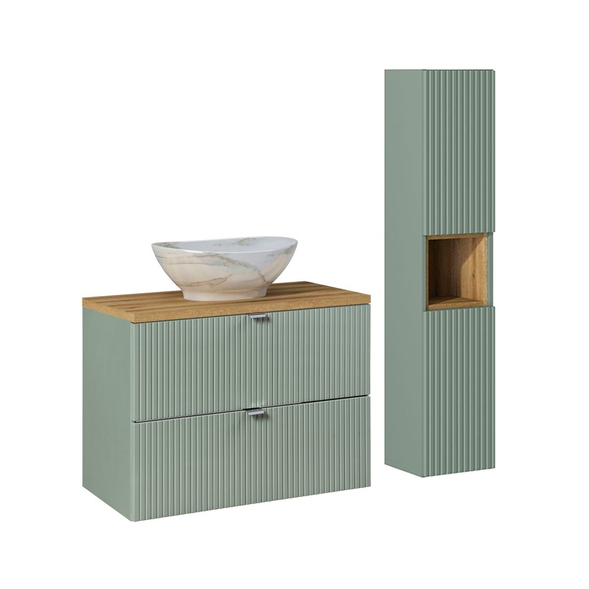 Ensemble meuble simple vasque 80cm 2 tiroirs et colonne Jade Vert et Bois - 2