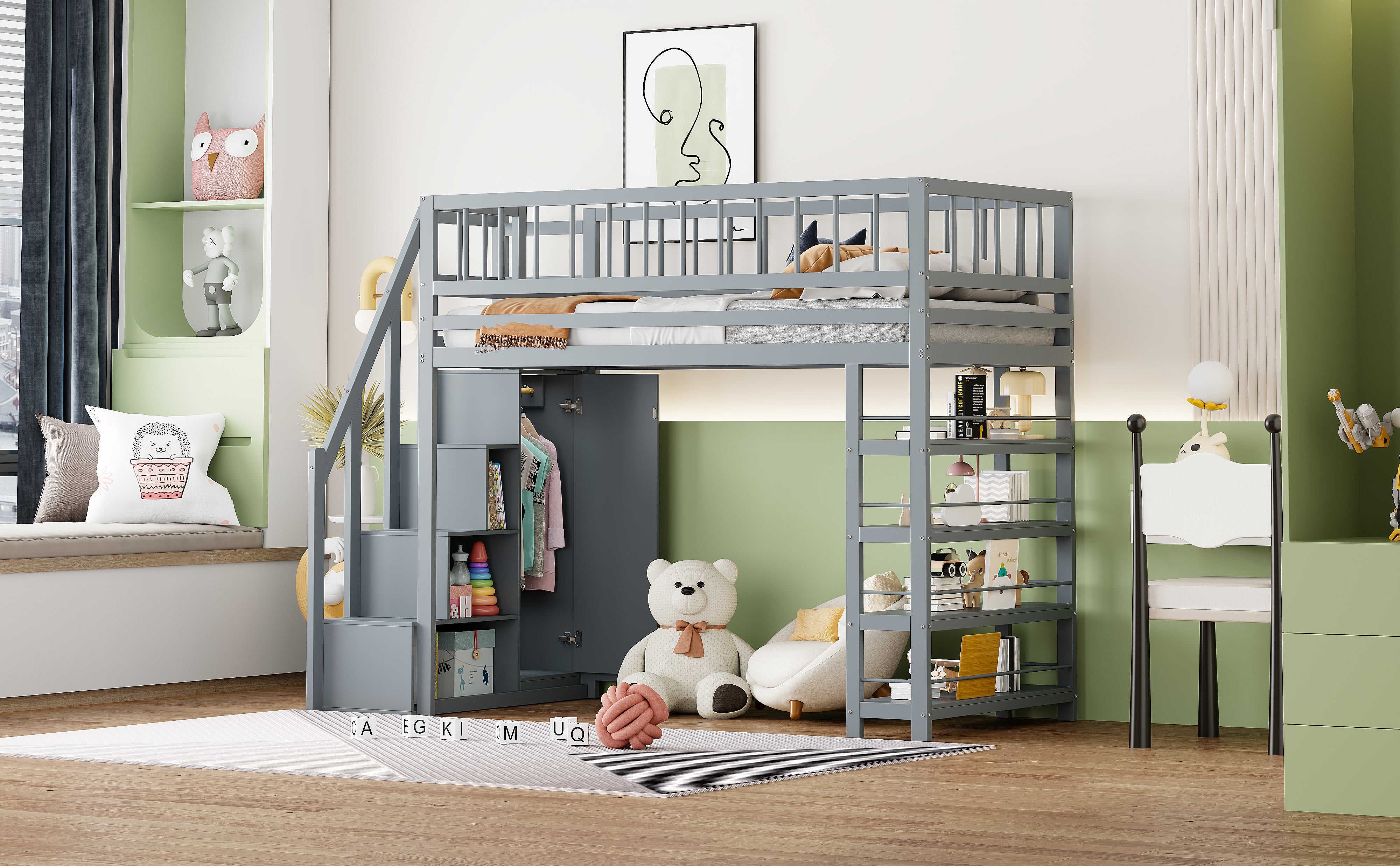 Letto a soppalco 90 x 200, ripiani e spazio di archiviazione con scala di sicurezza, letto in legno massello, grigio - 5