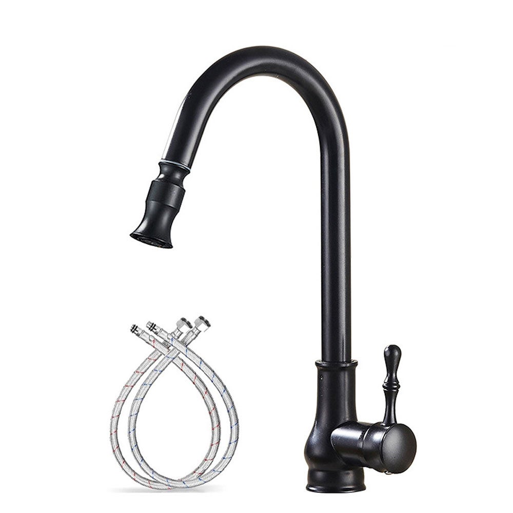 Jednouchwytowa bateria kuchenna z wyciąganą wylewką o wysokim łuku, odpowiednia do baru, na balkon i do kuchni, czarna, z jednym trybem wody
