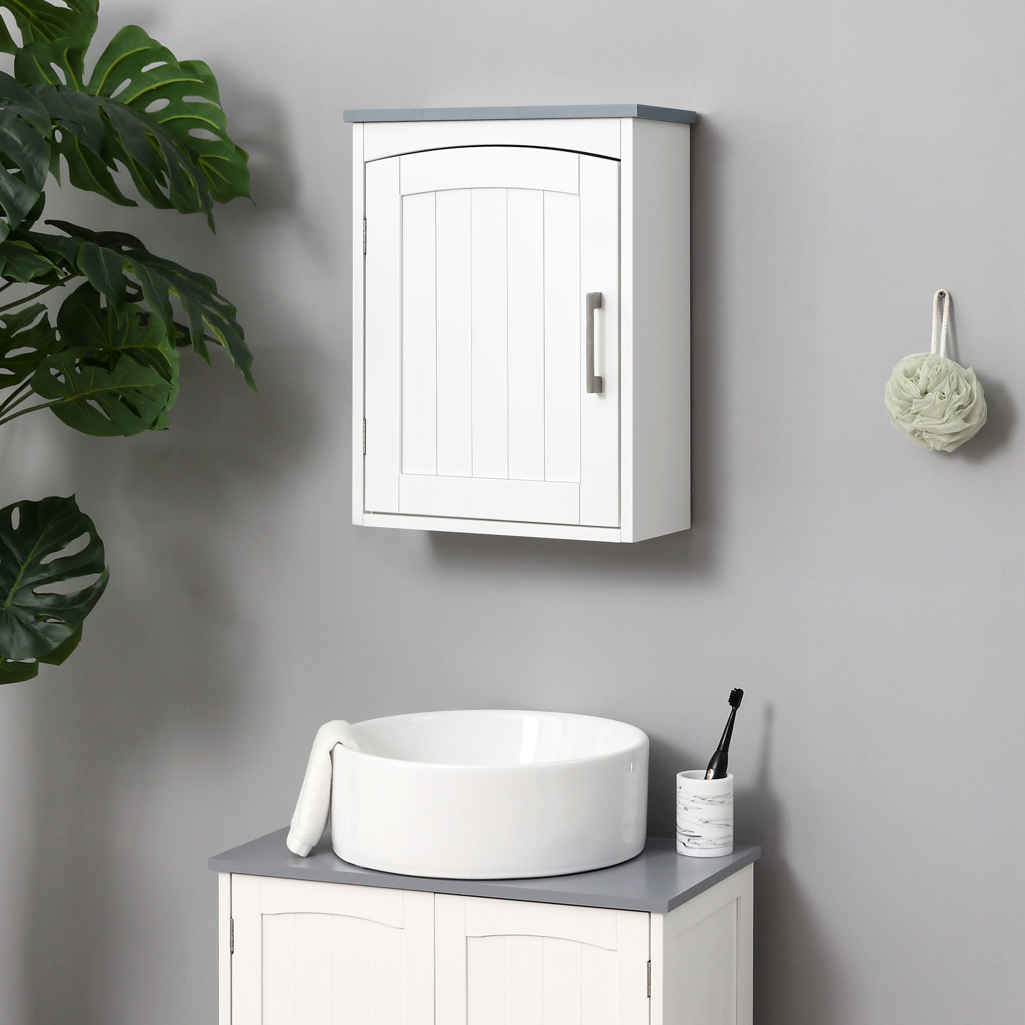 Armoire Murale Salle De Bain 2 Portes Avec étagères Et Porte-serviettes - 39x18x58 Cm - Style Rustique Blanc Et Bois