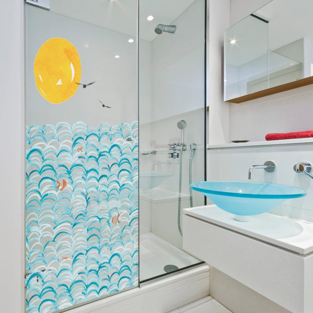 POLYESTER ULTRA-TRANSPARENT SPÉCIAL POUR LE VERRE (FAIT AVEC DU PET) ET SANS ADHÉSIFS Mod. swimmy 120x149