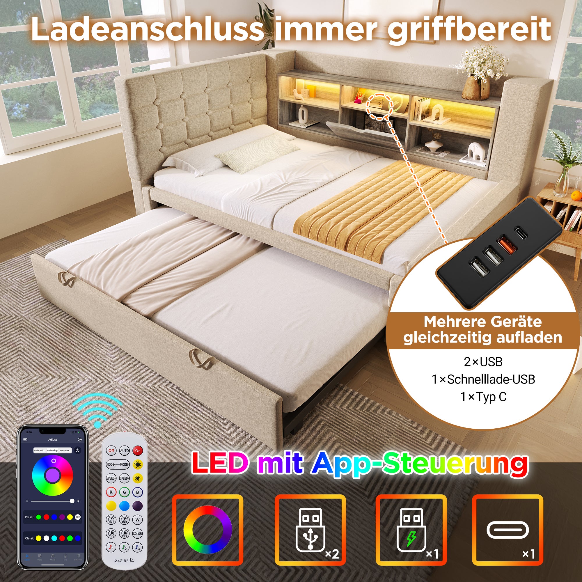 Łóżko wysuwane 90 x 200 cm + 90 x 190 cm z zagłówkiem w kształcie litery L i schowkami - LED - Tkanina lniana - Beż - 6