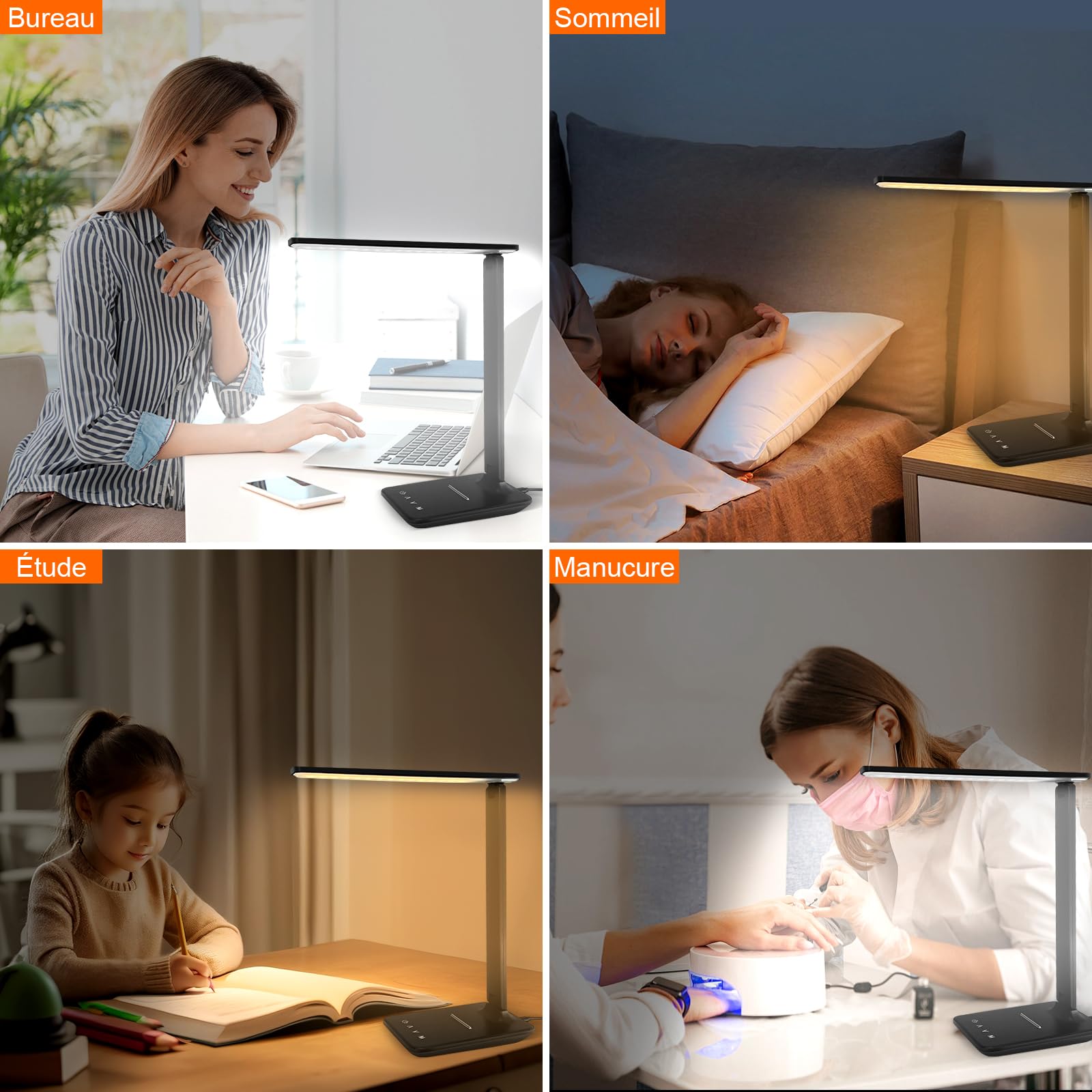 Lampe de table LED, lampe de chevet à intensité variable, 5 modes de couleur,5 niveaux de luminosité, contrôle tactile flexible,pour chambre à coucher - 6