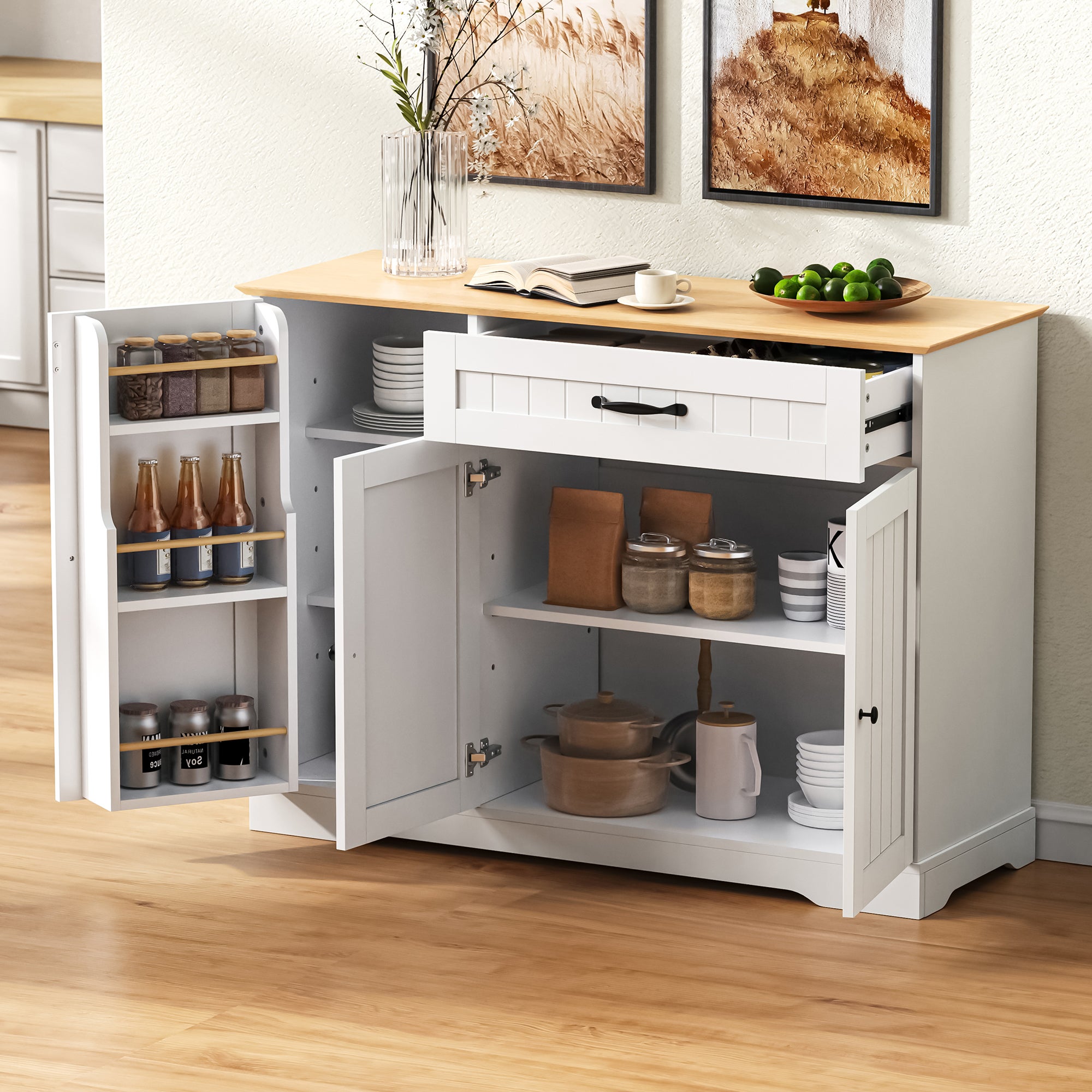 Nowoczesna komoda z 3 drzwiami i 1 szufladą - 107 x 40 x 83,4 cm - do jadalni, salonu - MDF - Biały + naturalny - 4