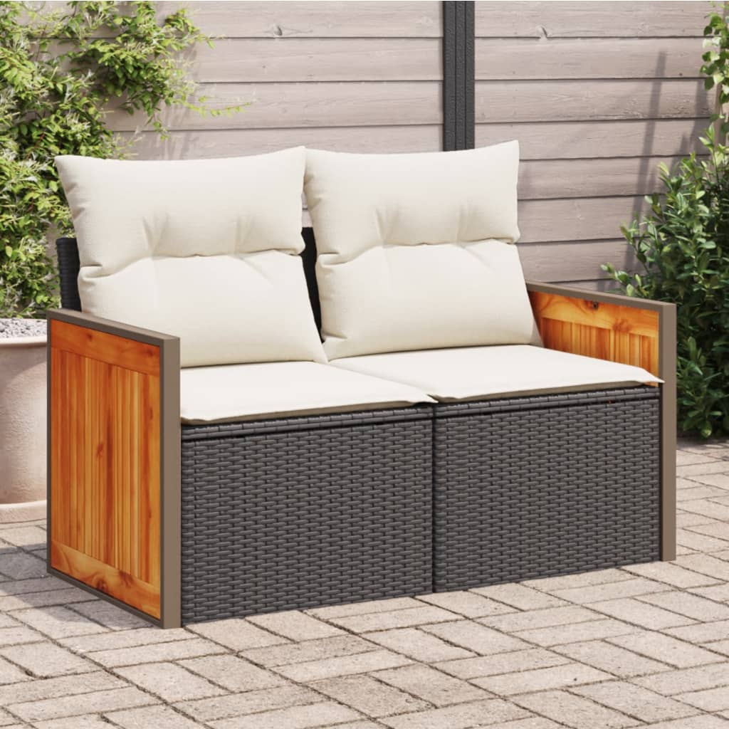 Sofa ogrodowa z poduszkami, 2-osobowa, czarna, polirattan vidaXL