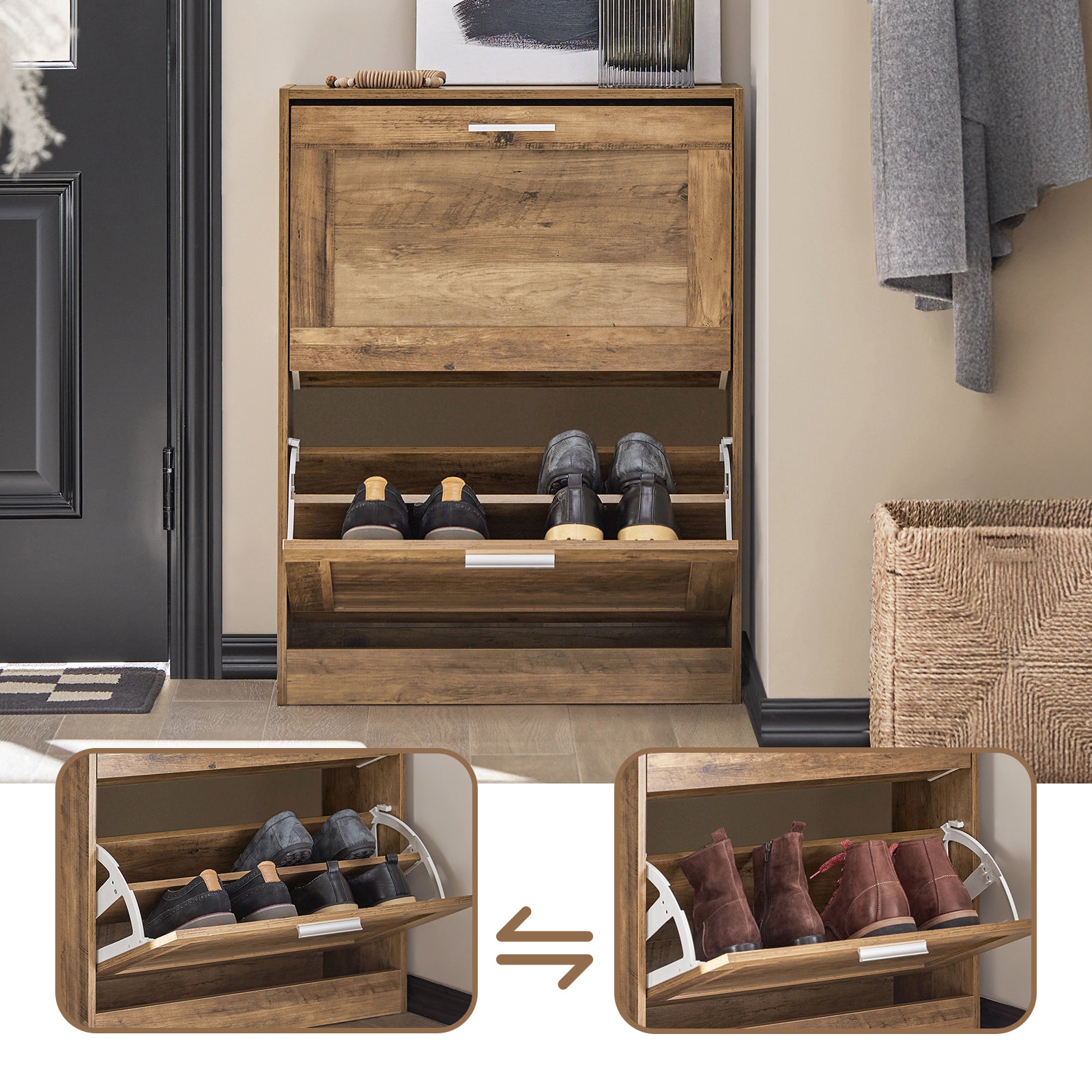 SoBuy Armoire à Chaussures Meuble de Rangement à Chaussures avec 2 Abattants, Marron, FSR137-F - 4