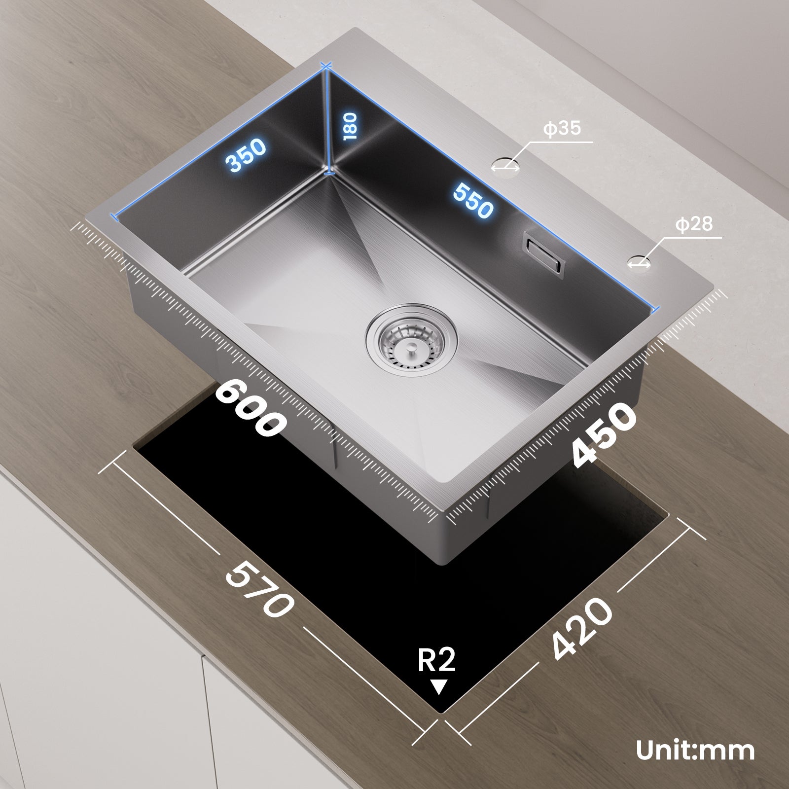 Cecipa max Évier 1 Bac 60×45×18CM Évier Inox Brossé avec Panier de Drainage + Mitigeur Cuisine avec Douchette Extractible - 2 Jets aux Choix - Brossé - 4