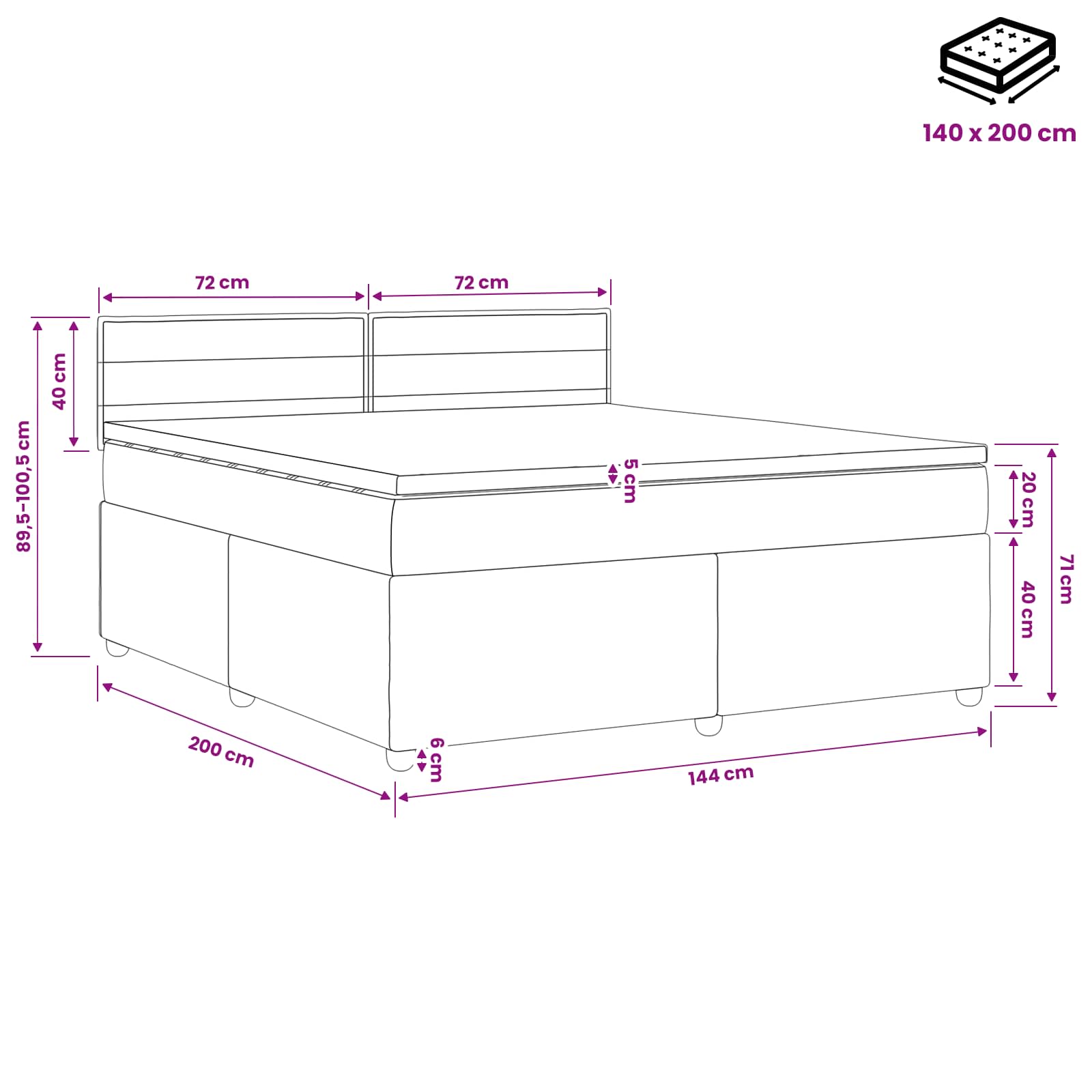 Cama box spring con colchón Negro 140 x 200 cm Tela | Leroy Merlin