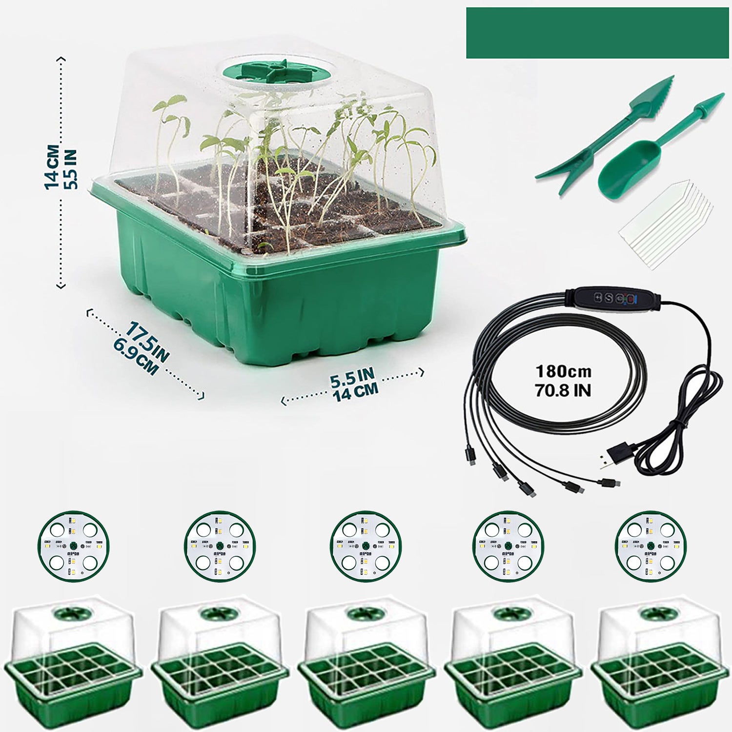 Paquet de 5 plateaux de démarrage de graines avec lumière de croissance, kit de germination en serre pour la culture de graines (12x5, 60 cellules) - 3