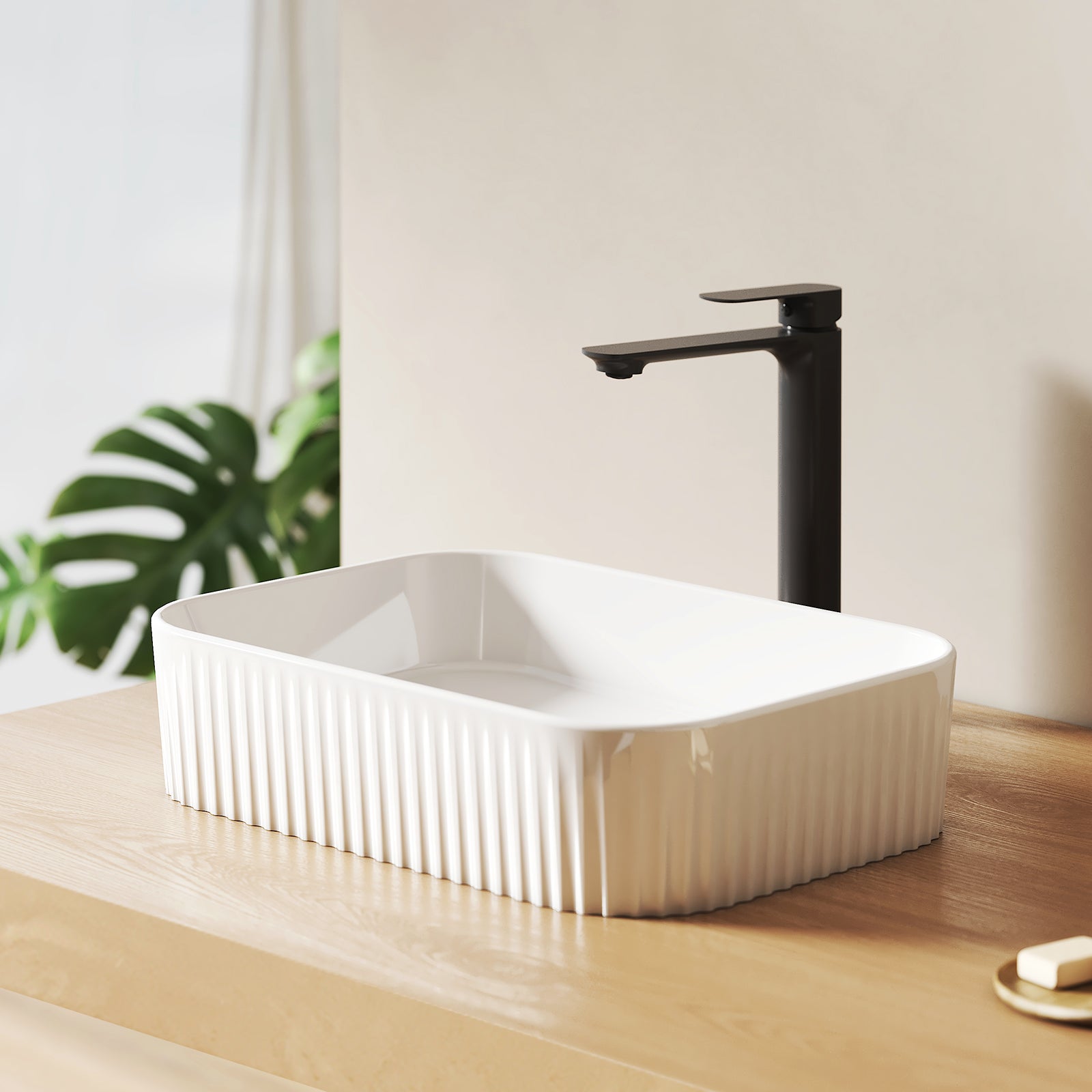 EMKE Umywalka ceramiczna 45x32x11 cm, Prostokątna Umywalka nablatowa, brylantowa biel