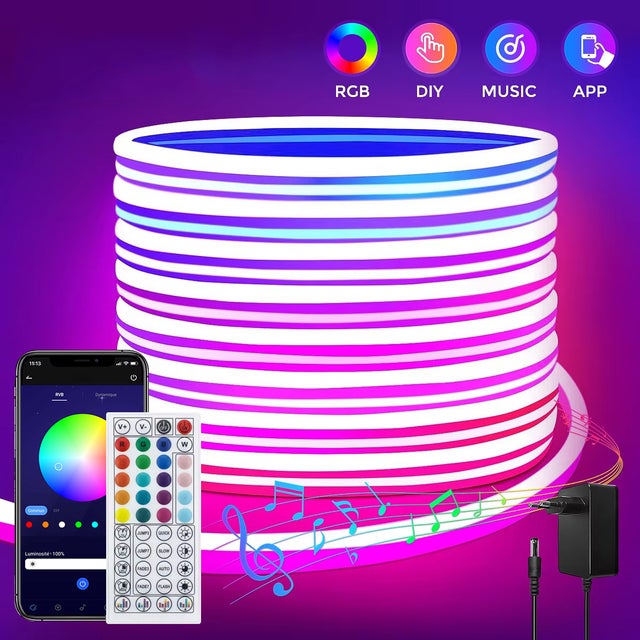 Kit de Néon flexible LED RGB 5m, DC 12V, bande lumineuse LED flexible pour intérieur et extérieur, APP/Télécommande, Plusieurs modes, IP65 étanche
