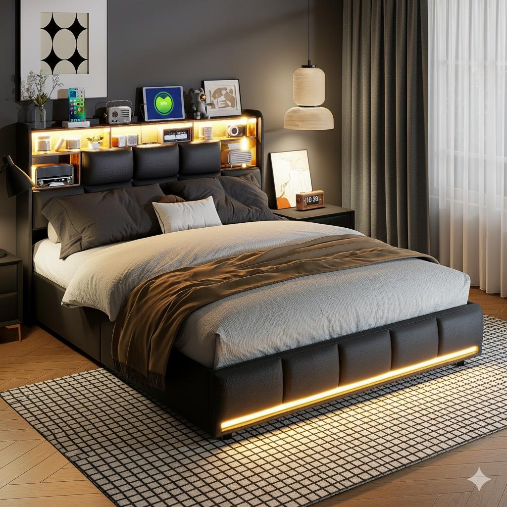 Lit 160x200cm - Lit Coffre 160 et Sommier - Tête de Lit avec Rangement & Station de Charge - Éclairage LED RGB - Similicuir Noir - 7