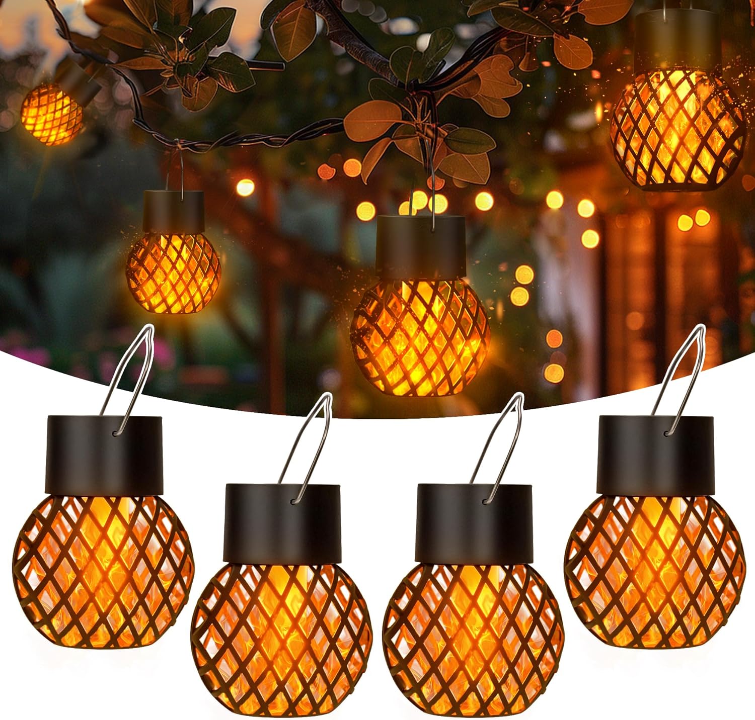 Zestaw 4 zewnętrznych lamp solarnych, wiszące lampy solarne, dekoracyjne lampy wiszące do ogrodu zewnętrznego, wodoodporne