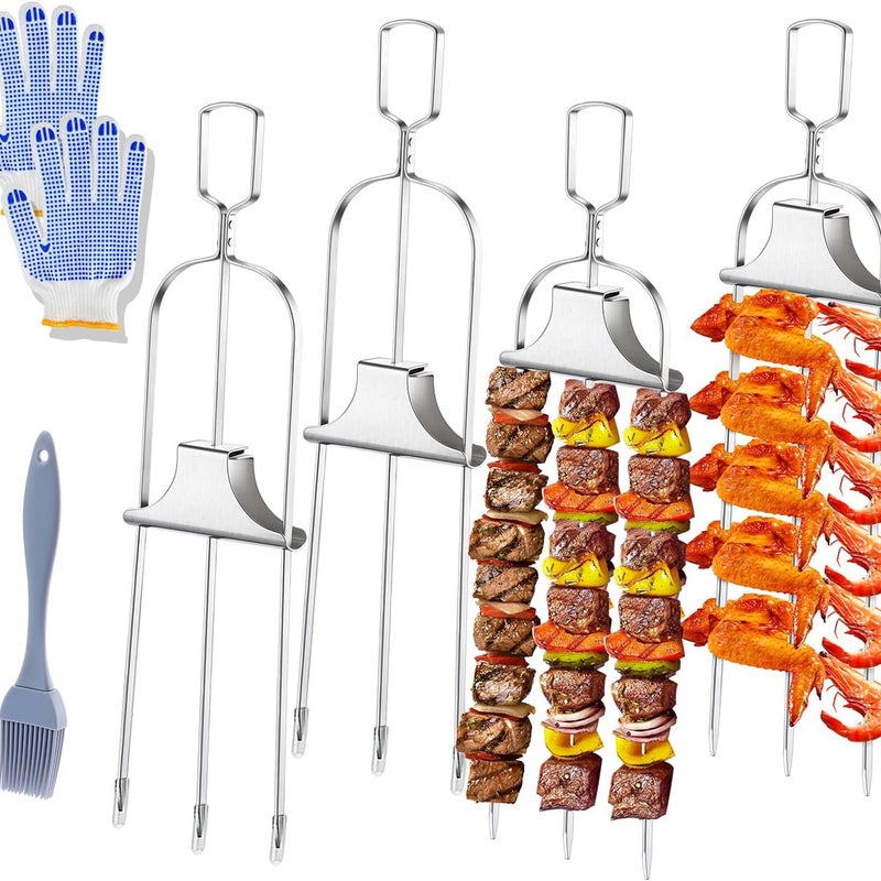 Półautomatyczny widelec do grilla ze stali nierdzewnej, 4 widelce do grilla + 1 pędzel do oleju + 1 para rękawic