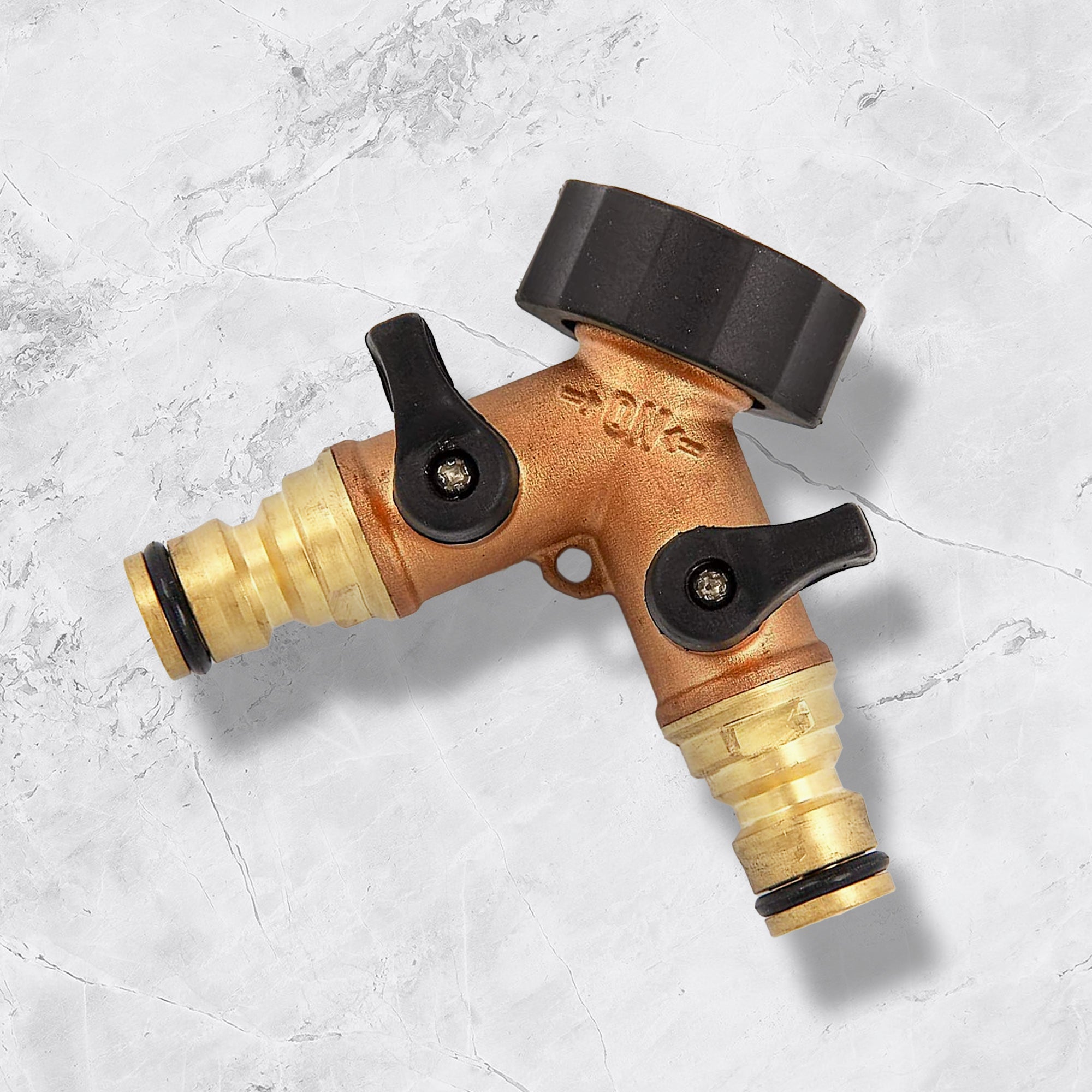 Raccordo doppio per rubinetto da giardino con valvole, Attacco doppio maschio, Raccordo d'innaffiatura a Y, 2 vie, Ideale per il tubo da giardino - 9