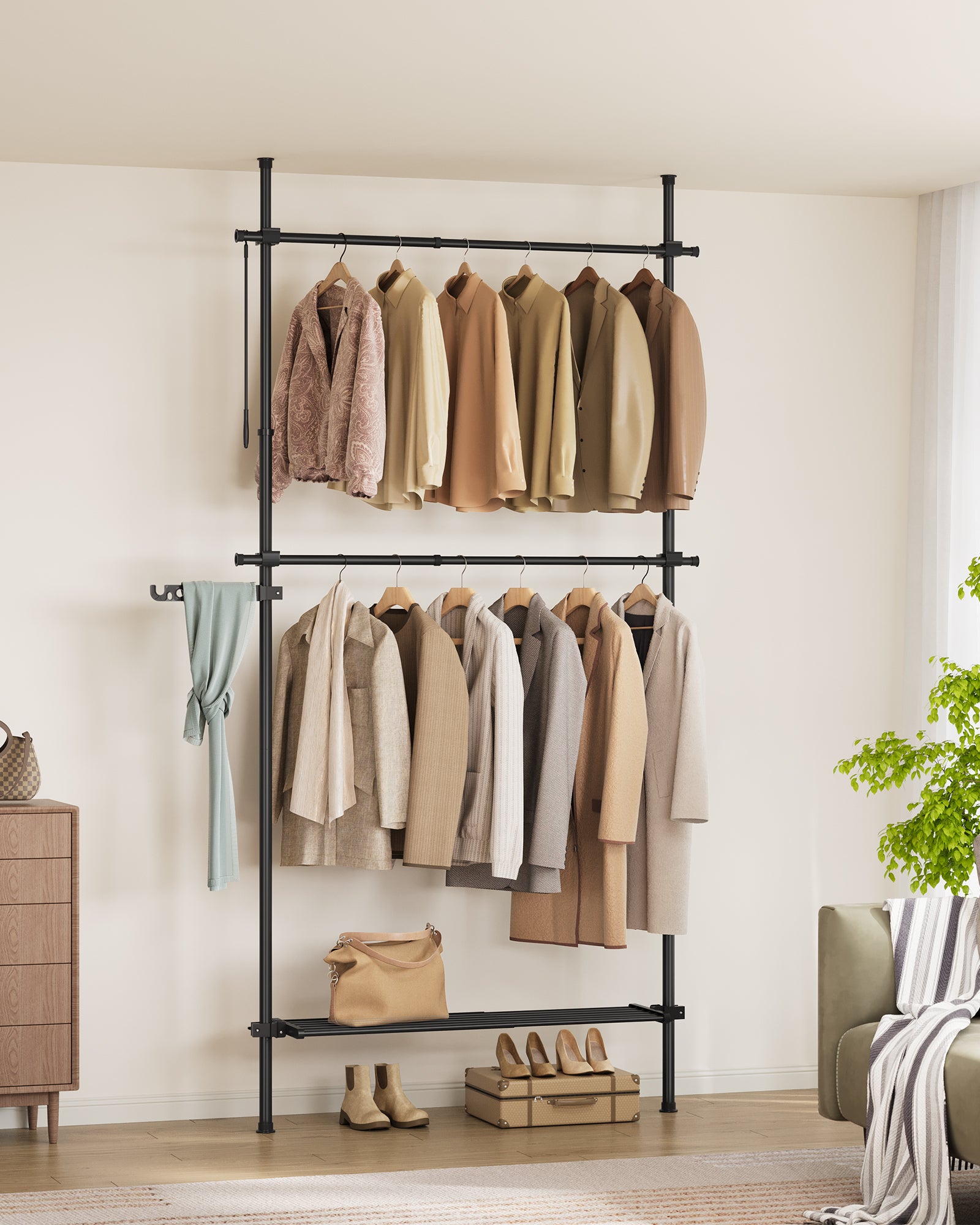 Portant à Vêtement du Sol au Plafond, Rangement 3 Niveaux, Étagère Extensible, Bras de Support Pliable, Barres Télescopiques, Noir Mat - 2