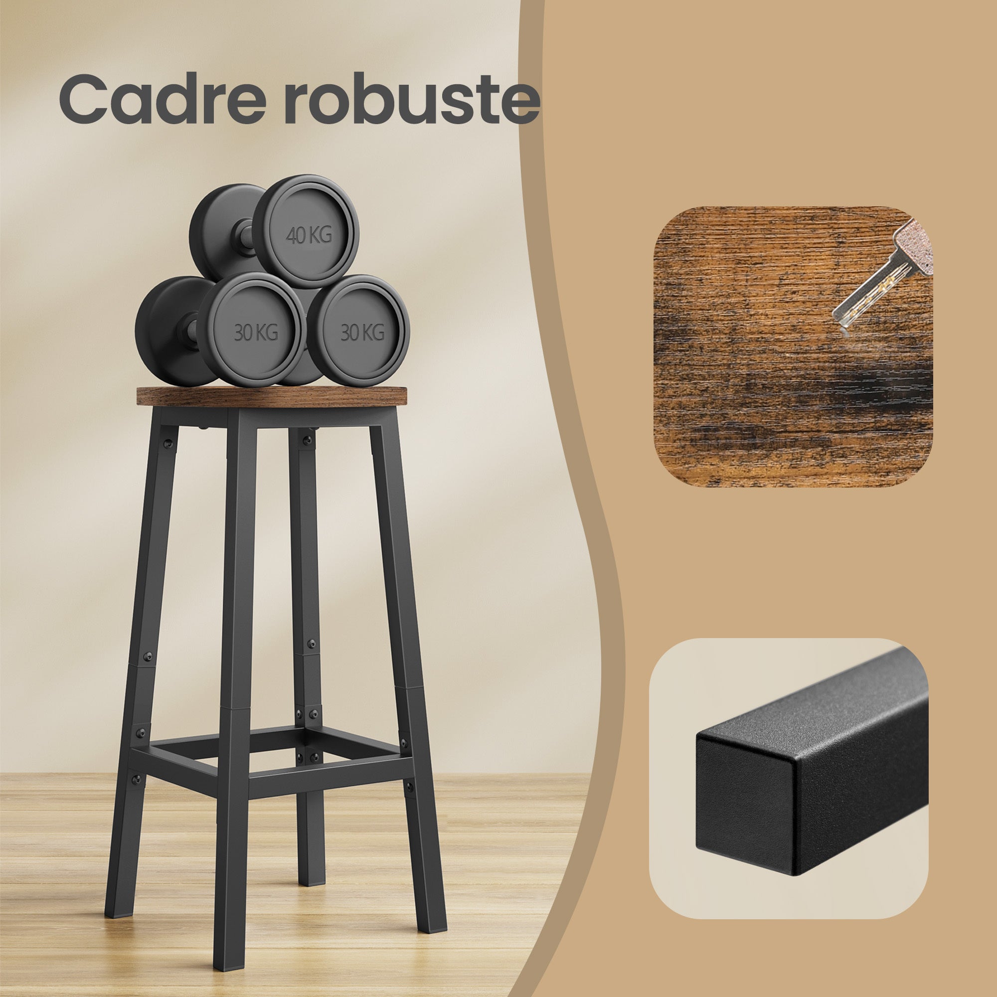 Ensemble de 2 Tabourets de Bar, Tabourets de Cuisine, avec Repose-Pieds, Hauteur 65 cm, pour Salon, Salle à Manger, Marron et Noir - 4