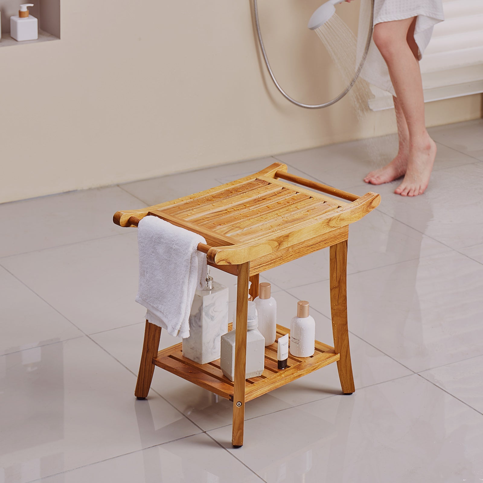 Tabouret douche en teck,VEVOR 560x365x470 mm,tabouret douche étanche avec poignées rangement,pieds antidérapants,300 lb,adapté à la salle de bain - 8