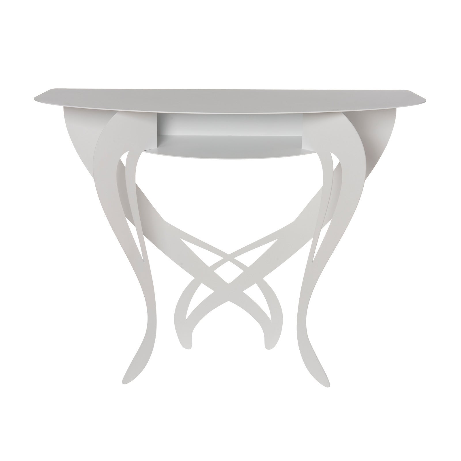 Konsola Frida 110x35x85 cm z białego lakierowanego żelaza, perforowany wzór kwiatowy, wąski mebel do przedpokoju lub salonu, made in Italy