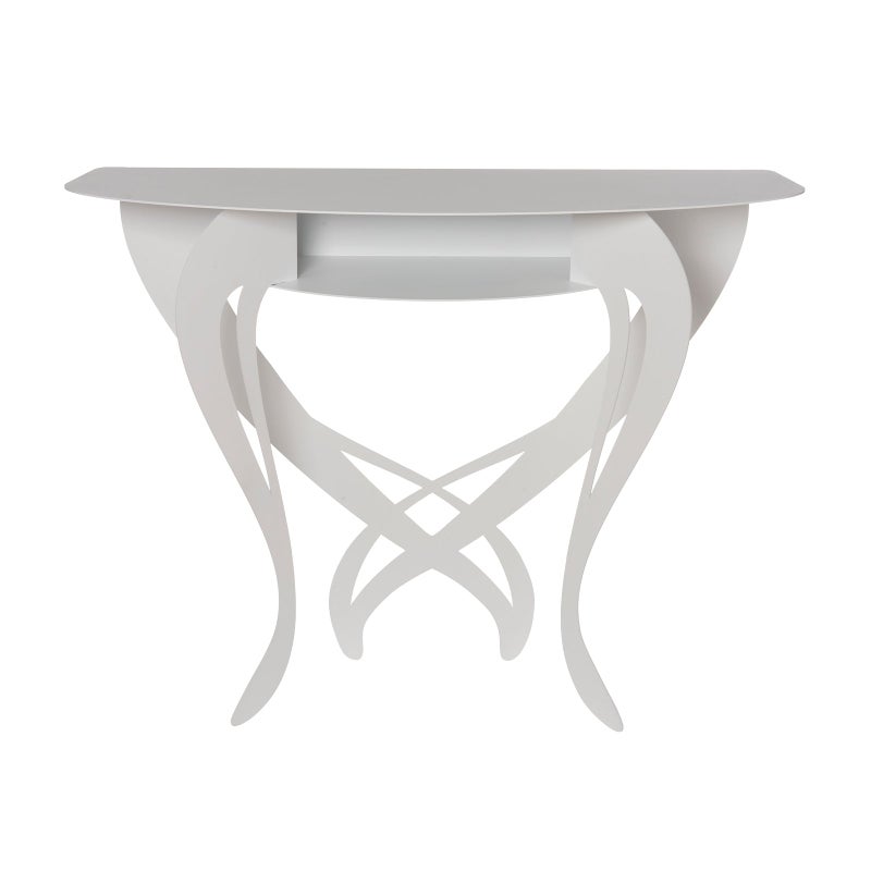 Konsola Frida 110x35x85 cm z białego lakierowanego żelaza, perforowany wzór kwiatowy, wąski mebel do przedpokoju lub salonu, made in Italy