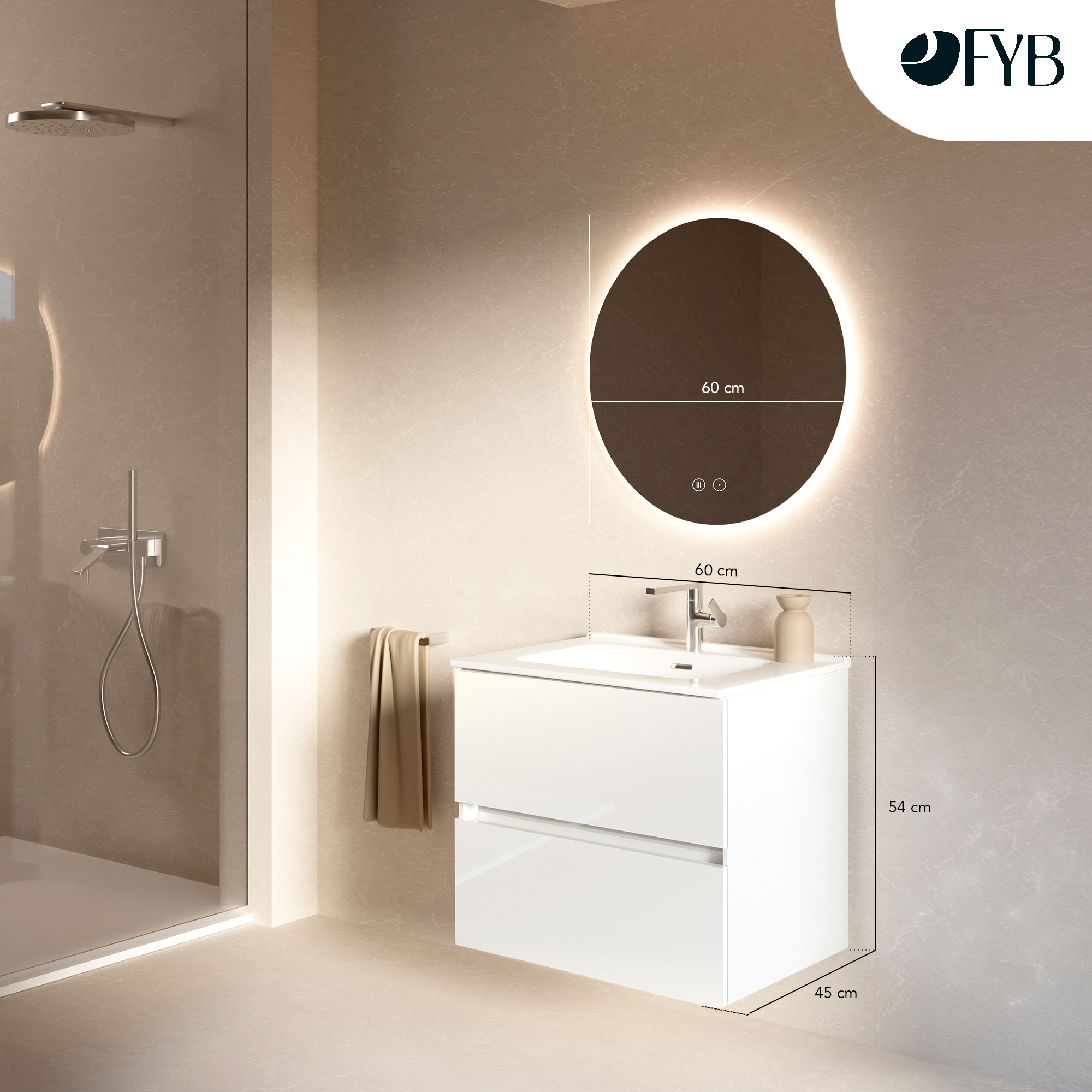 Feel Your Bath Mueble de Baño LION 60 cm Blanco con Encimera Cerámica Blanca y Espejo Redondo LED Antivaho – 2 Cajones Soft Close - 3
