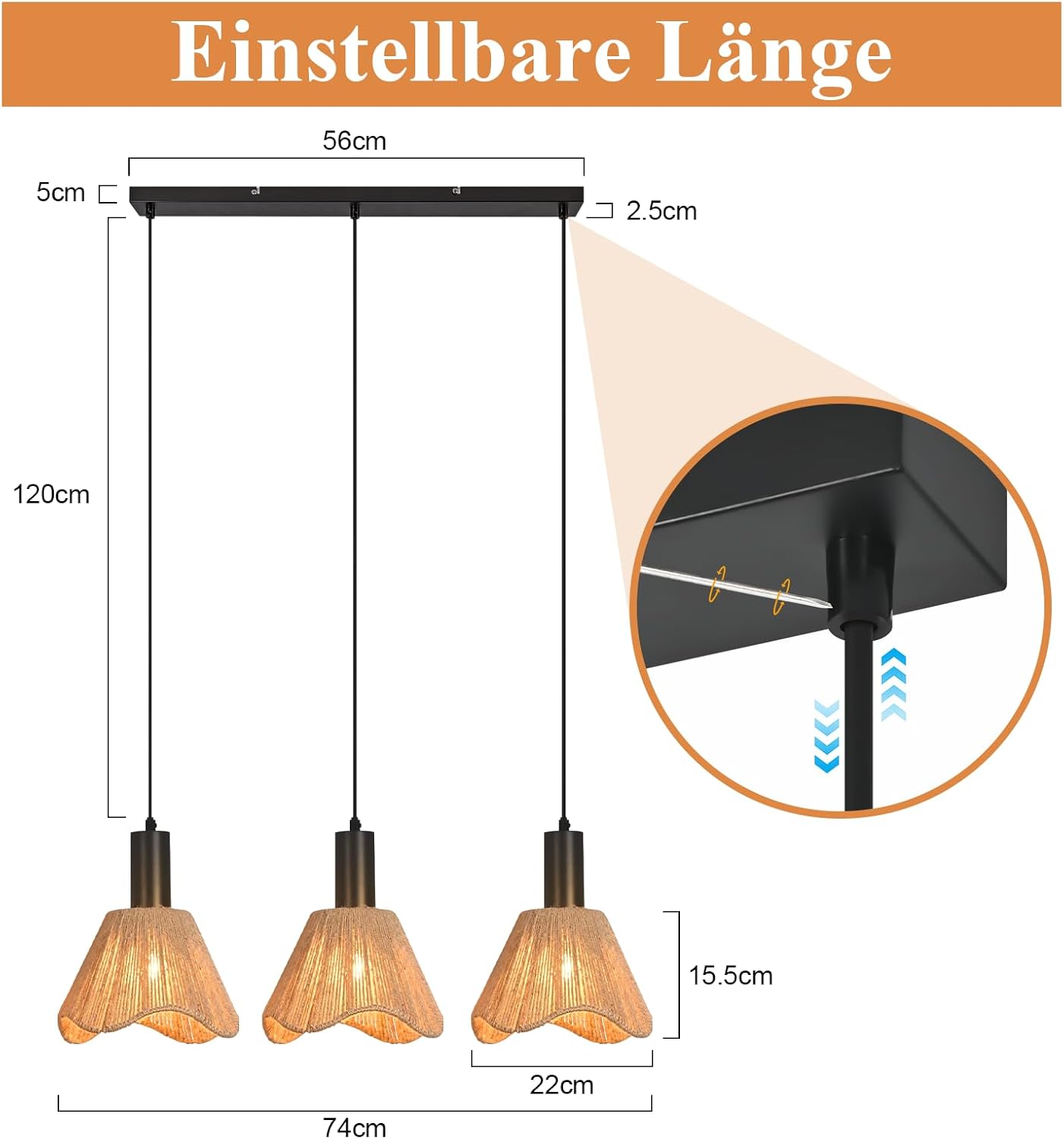 Lampa wisząca Nettlife Boho Rattan z 3 żarówkami – żyrandol z plecionej liny konopnej w stylu vintage, E27 (żarówki nie są dołączone) - 4