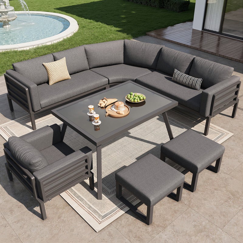 Ensemble Salon de Jardin pour 8 personnes, Salon de jardin avec table en verre, 1 Fauteuil et 2 poufs, Housses Détachables, Canapé d'angl gris - 5