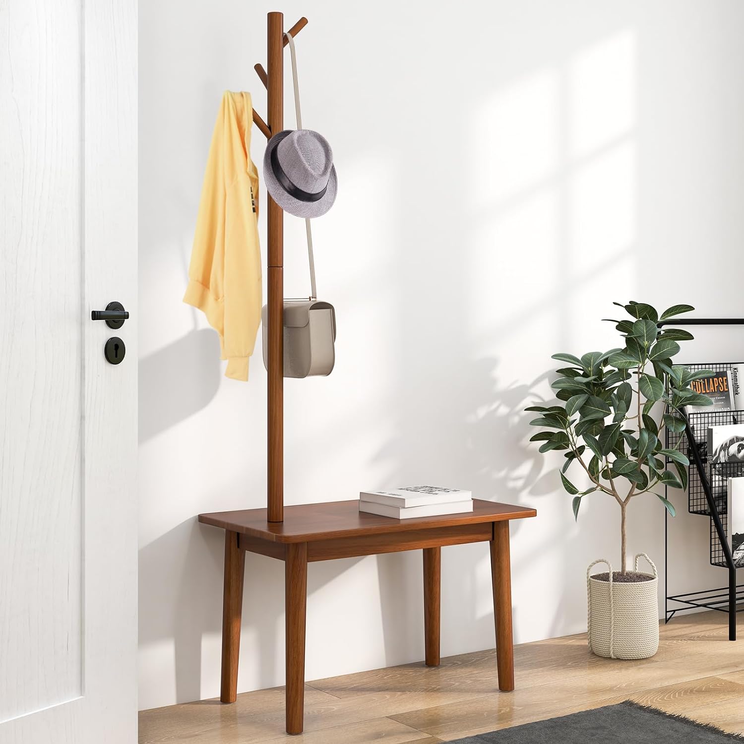 Porte-Manteau Bois avec Banc, Porte Manteau d'Entrée avec Table d'Appoint, 4 Crochets Arrondis, en Bois, pour Chapeau - 2