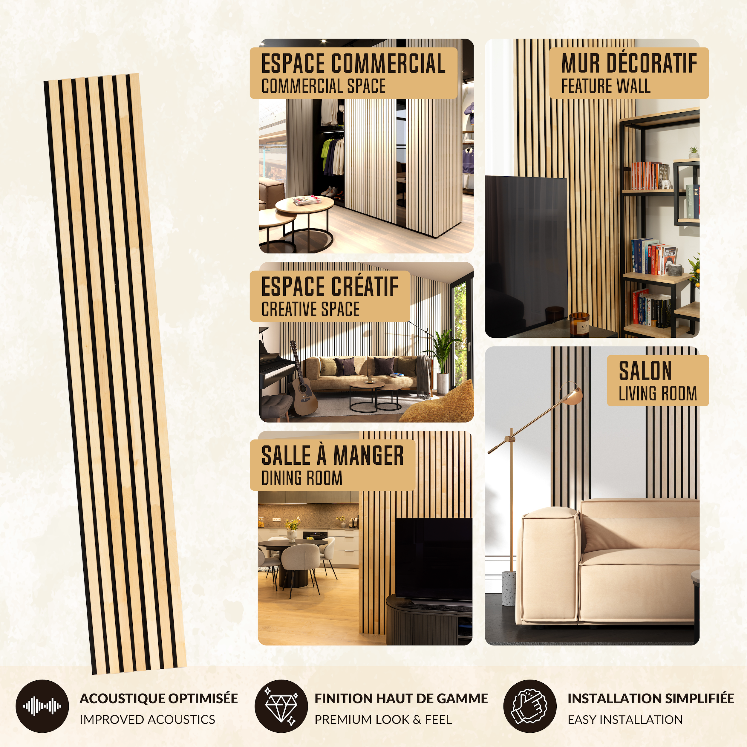 Lot de 2 Panneau Tasseau Acoustique en Bois - Bois de Bouleau Massif - 2400x385mm - Lattes 40mm, Support en Feutre Noir - 4
