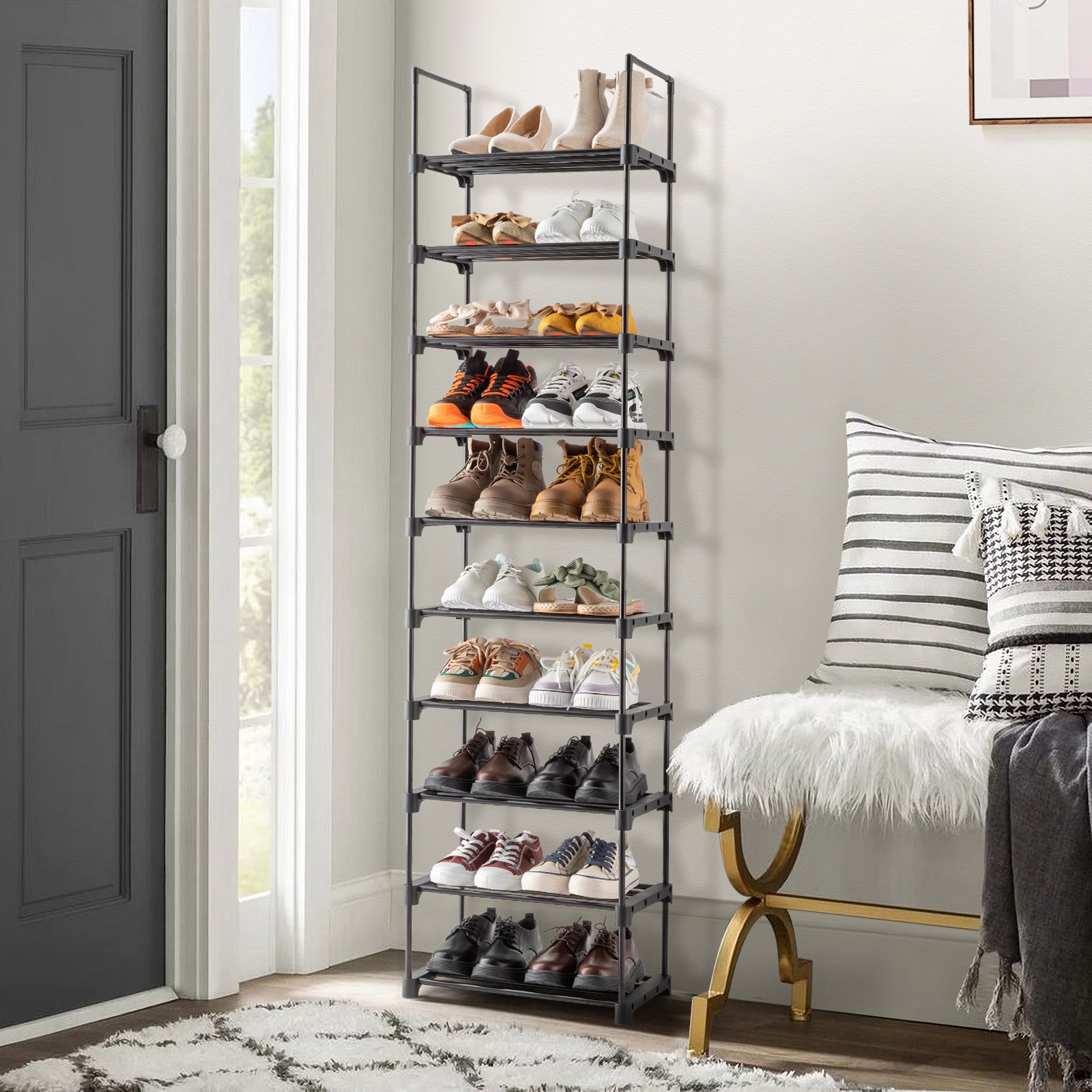 Étagère à chaussures 10 couches, tuyau en fer, organisateur d'étagère à chaussures étroite, étagères à chaussures pour placards, 45*30*174cm - 4