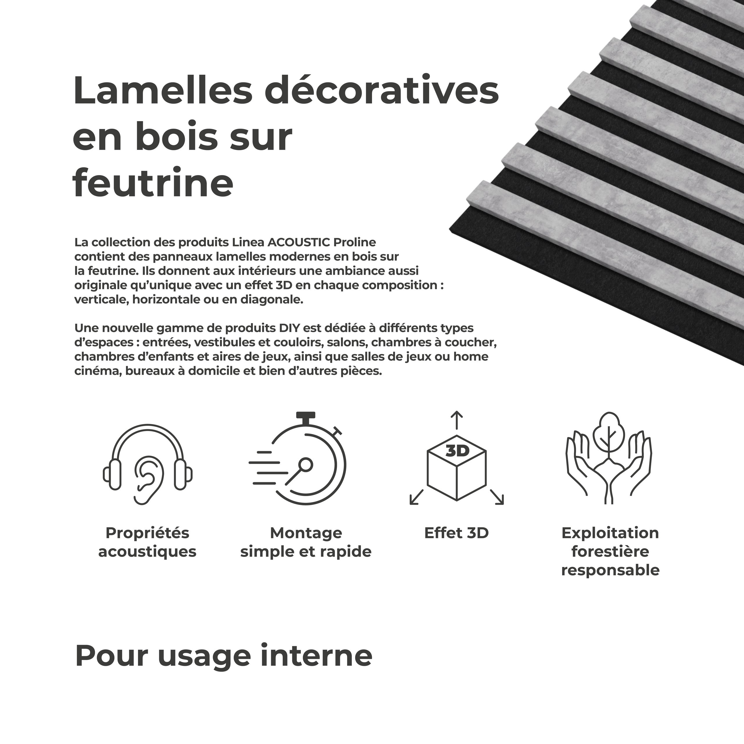 Panneau Tasseau Acoustique effet tasseau bois en feutre 1200mm x 605mm urban sur noir Linea Proline Stegu Ensemble de 4 pièces - 3
