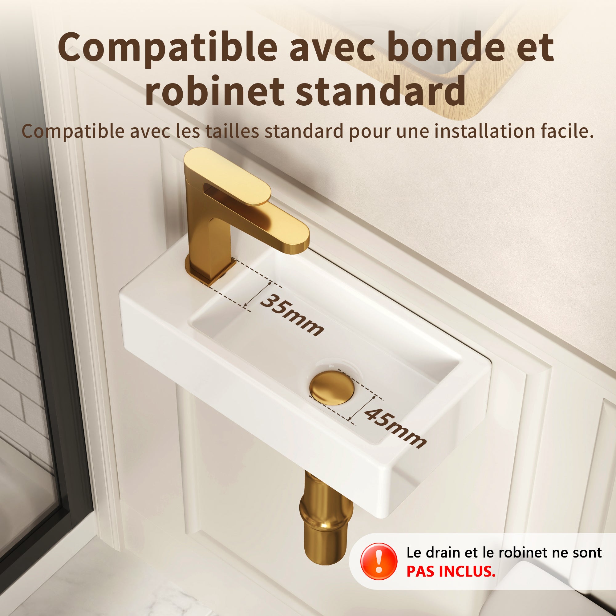 Vasque Lave Main Meuble - DeerValley Vasque Suspendu Rectangulaire Blanc pour Vasque Salle de Bain - Trou pour Robinet à Gauche 37x18x9cm - 8