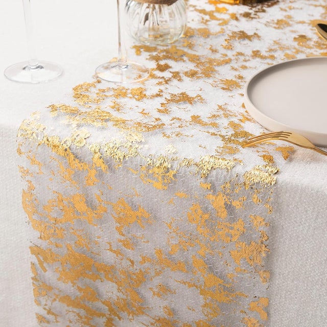 Caminho de mesa em rede com detalhes em folha de ouro, 28 cm x 10 m, em poliéster, fita metálica decorativa para mesas, ideal para festas e comemoraçõ