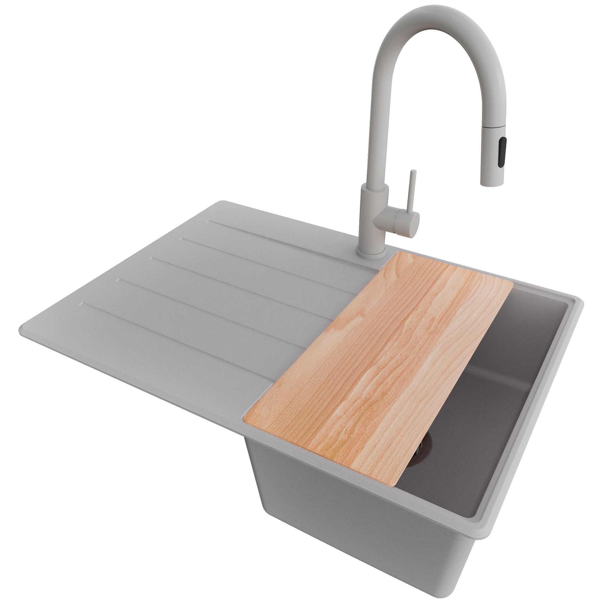 Zlewozmywak Granitowy Szary 70x50cm, Zlew Kuchenny 1 Komorowy + Bateria 40x20cm + Syfon + Deska, Nablatowy do szafki od 40cm - Kopenhaga PRIMAGRAN