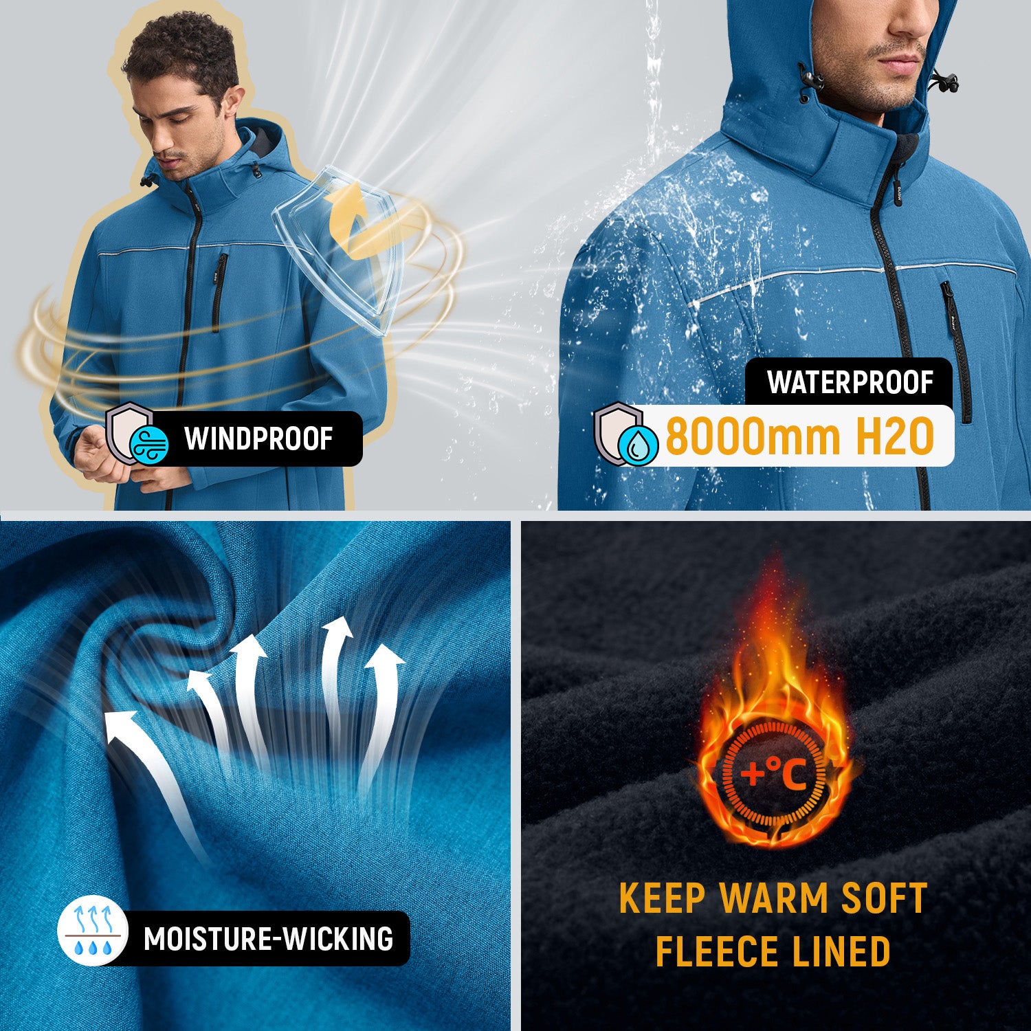 Veste de Travail Homme Blouson & Softshell de Travail - Imperméable, Anti-Vent, Fourré Chaud, Poches Multiples, Capuche Amovible - Bleu M - 4