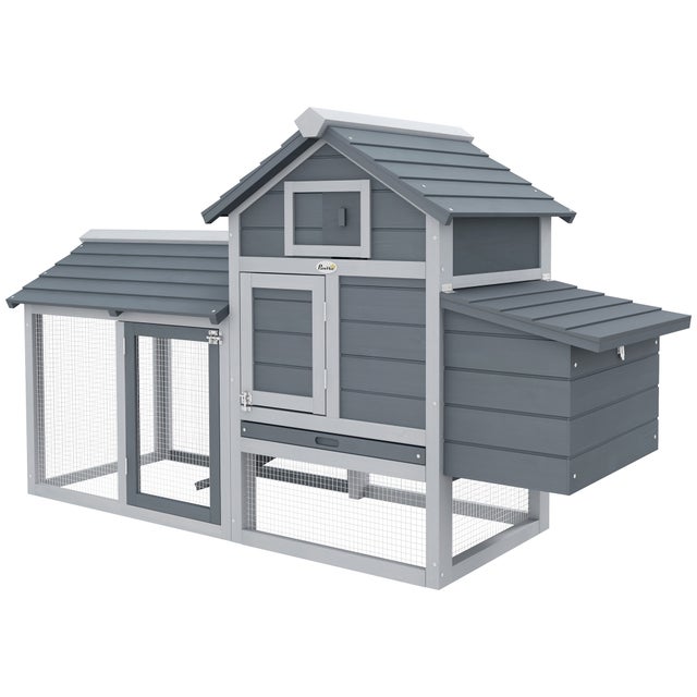 PawHut Pollaio per Galline Ovaiole Prefabbricato in Legno con Recinzione, per 2 Galline, 150.5x54x87cm, Grigio Scuro