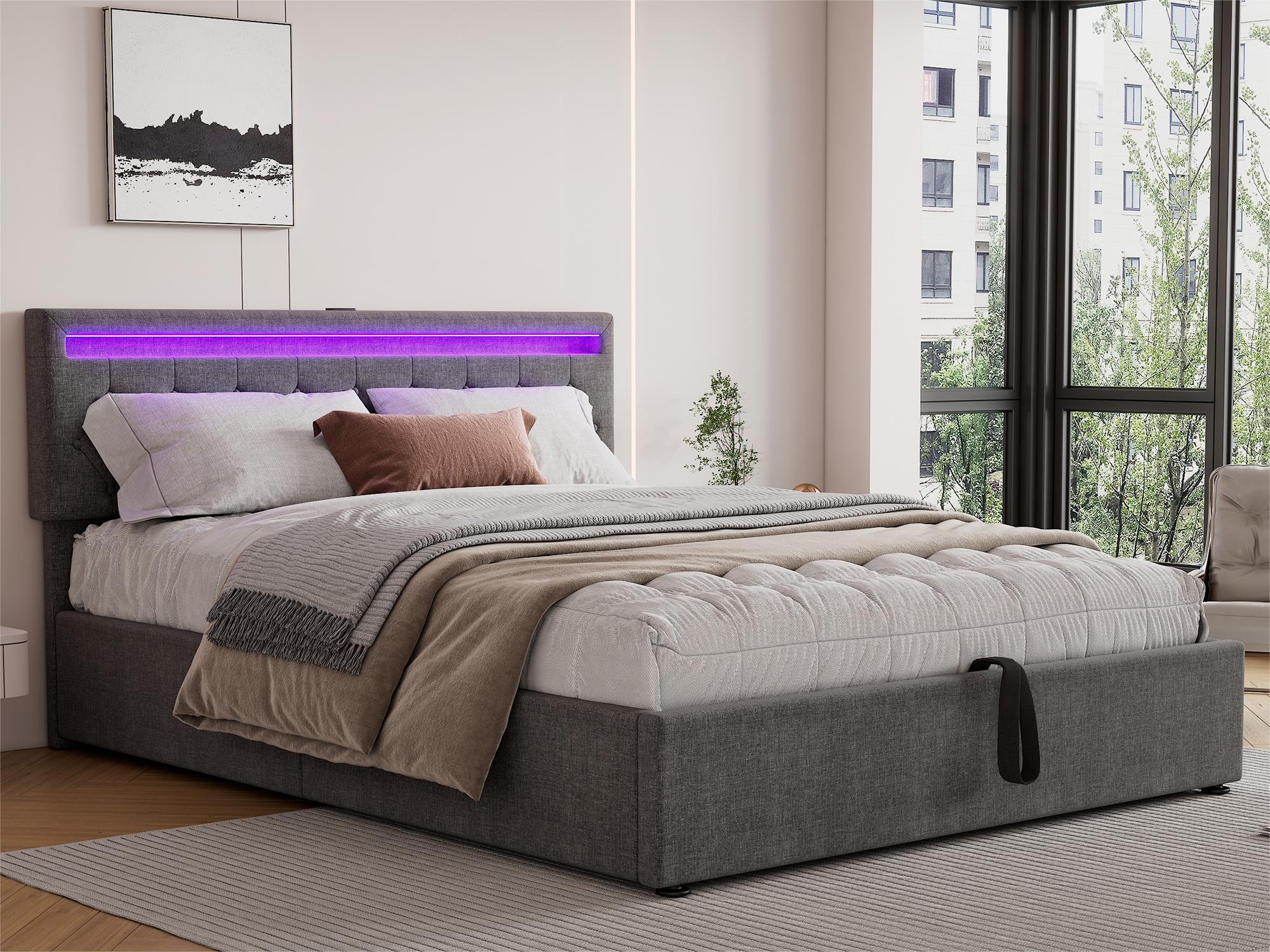 Letto contenitore 160x200 cm in tessuto lino con LED - Prese USB e Type ...