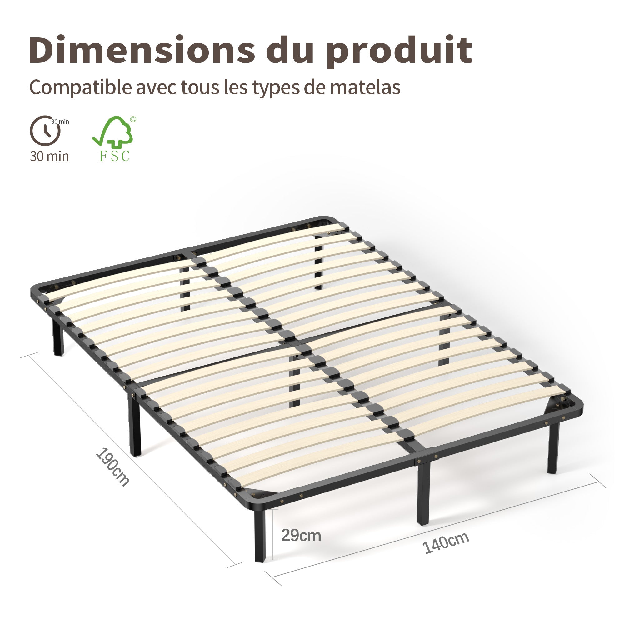 TEENO Sommier à lattes 140x190 cm, 2x16 rangs, incl. 9 repose-pieds - 2