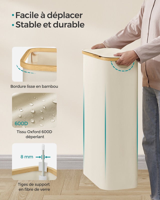 Panier à Linge Mince avec Couvercle, 65L, Doublure en Maille Amovible, Tissu Oxford, Pliable, 42 x 22,5 x 70,5 cm, Blanc Crème - 7
